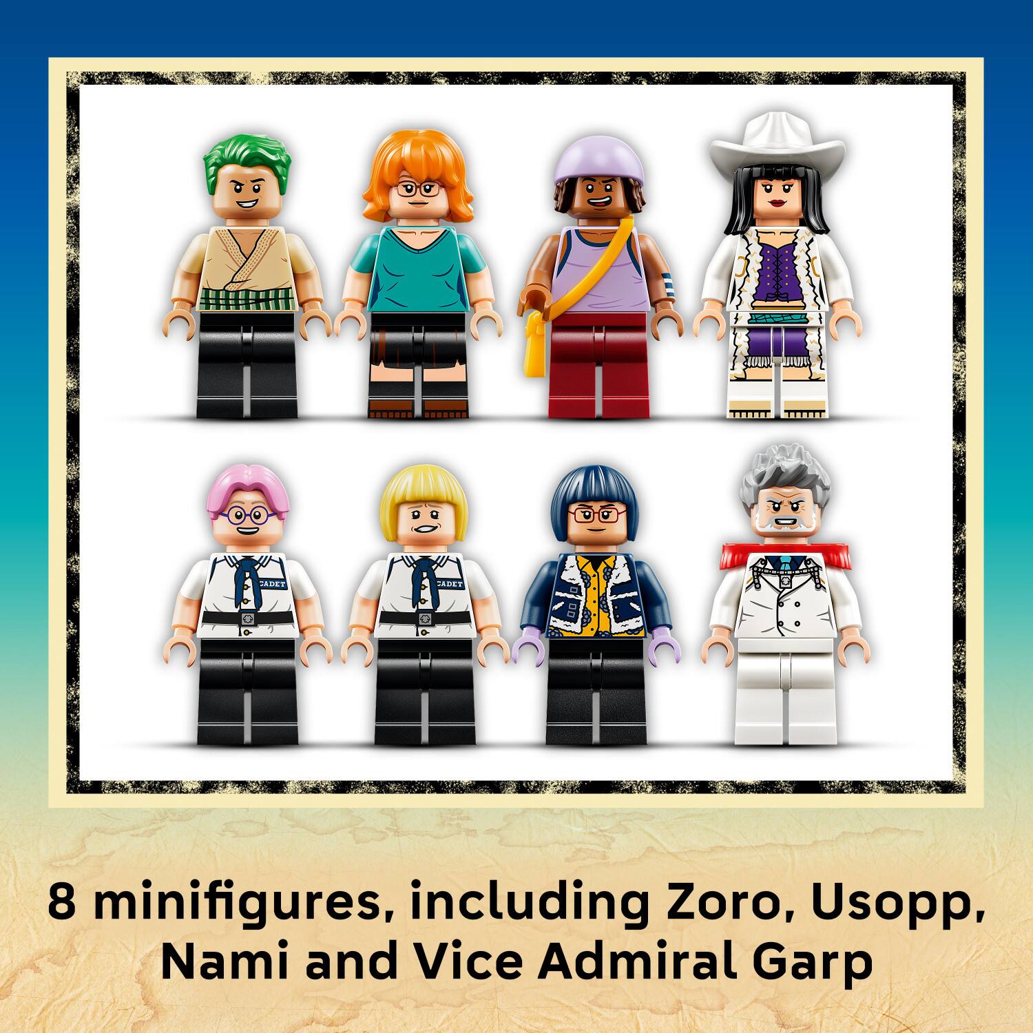 8 minifigures, including Zoro, Usopp, Nami and Vice Admiral Garp