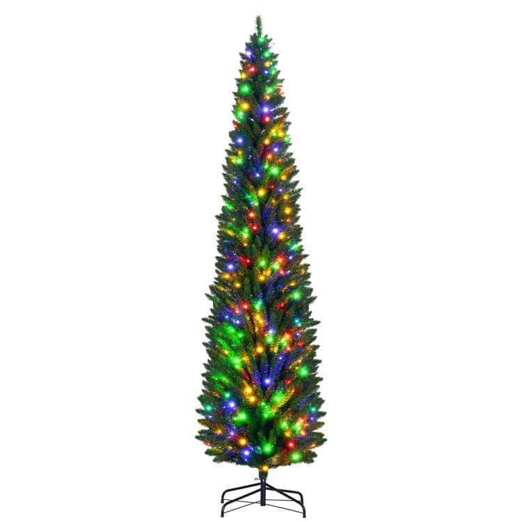 PULUZ - 8 feet Artificial Pencil Christmas Trees Holiday Decoration with Colorful LED Lights, Steel Base, Skinny Shape - Green