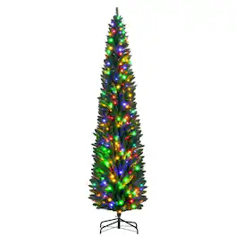 PULUZ - 8 feet Artificial Pencil Christmas Trees Holiday Decoration with Colorful LED Lights, Steel Base, Skinny Shape - Green