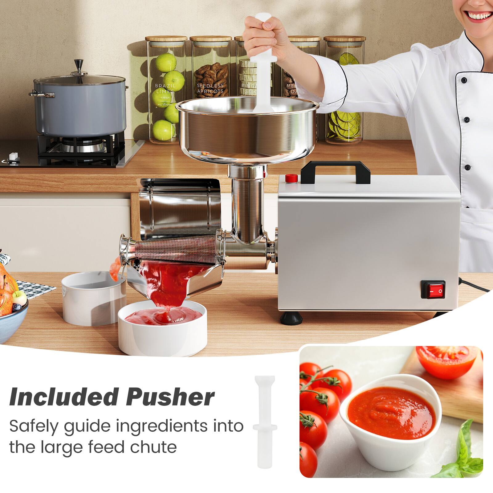 Mazil Limes C Seedless Apricots Me Ro

Included Pusher
Safely guide ingredients into the large feed chute