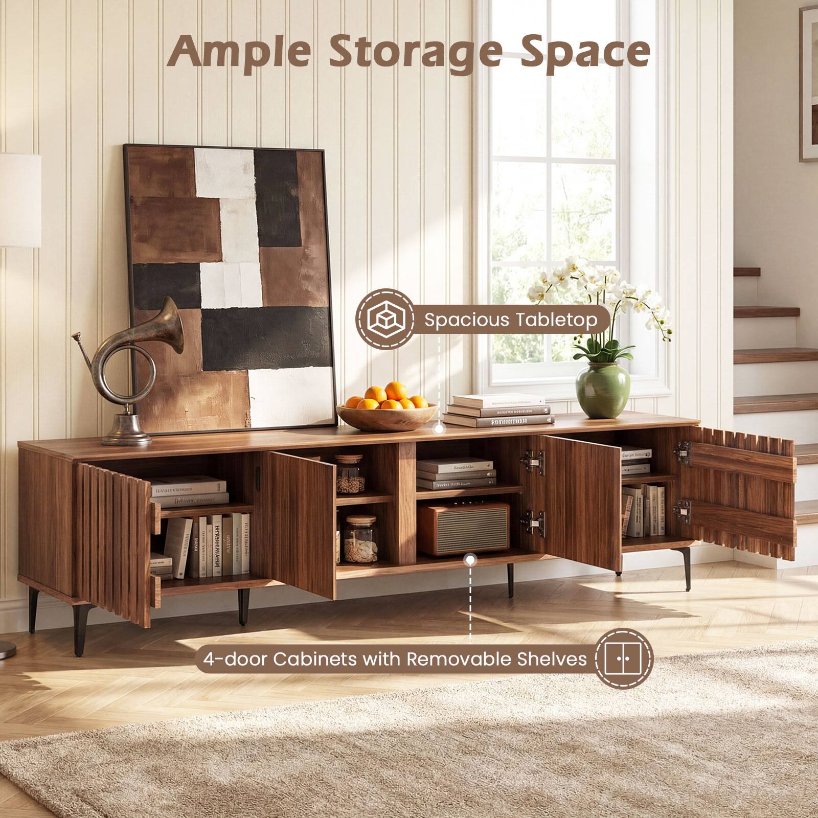 Ample Storage Space  
Spacious Tabletop  
4-door Cabinets with Removable Shelves