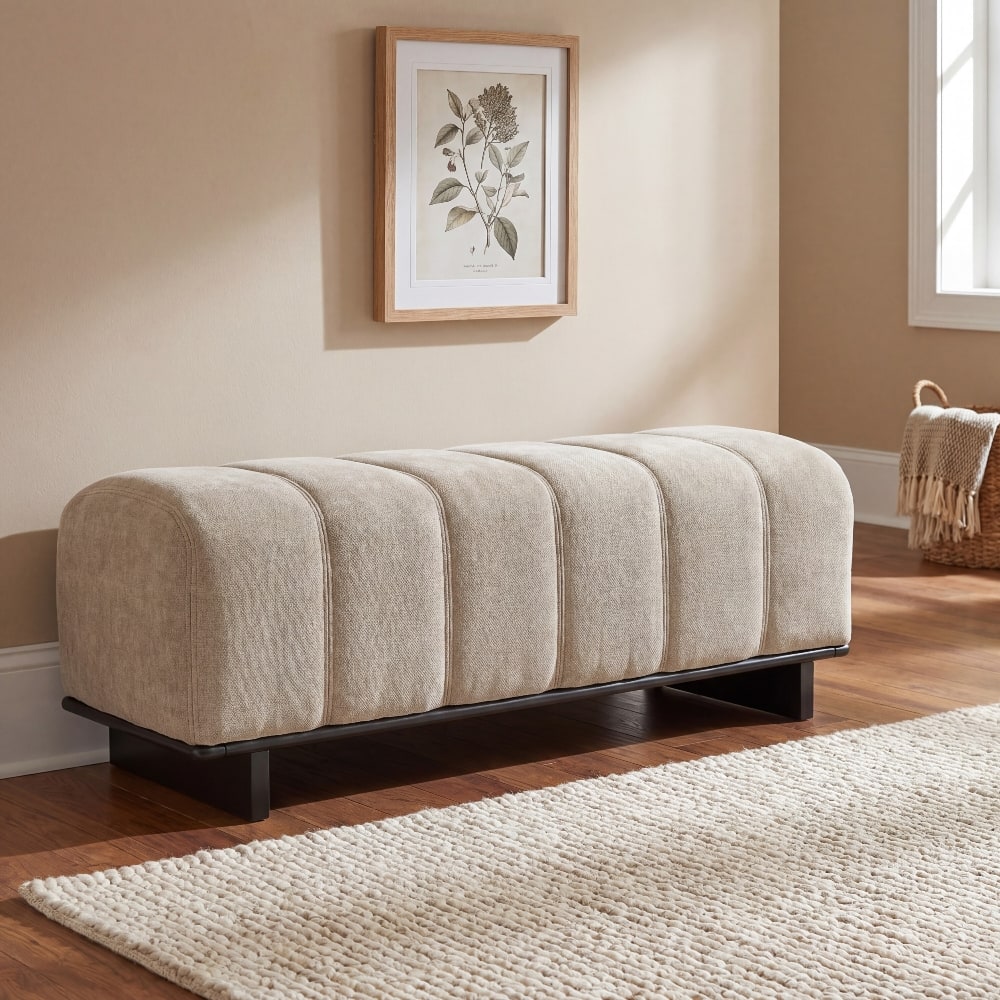 Ropilly - Indoor Dining Bench, Chenille Channel Tufted Bench, Rubber Wood Entryway Bedroom Seating for Two - Oatmeal price history on PriceWatchPro