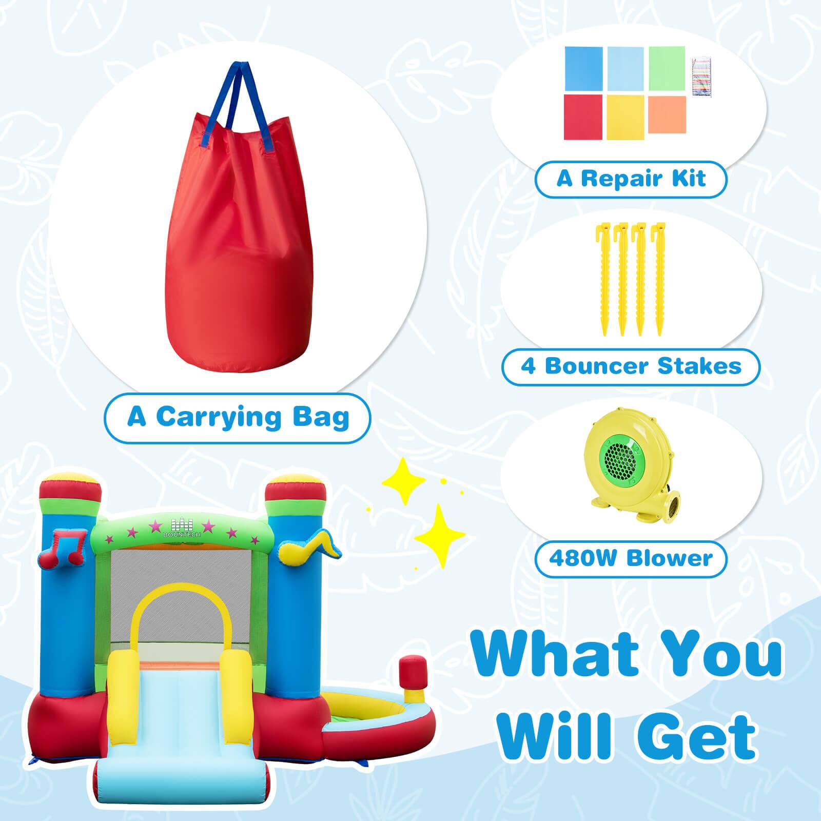 A Repair Kit  
4 Bouncer Stakes  
A Carrying Bag  
480W Blower  

What You Will Get