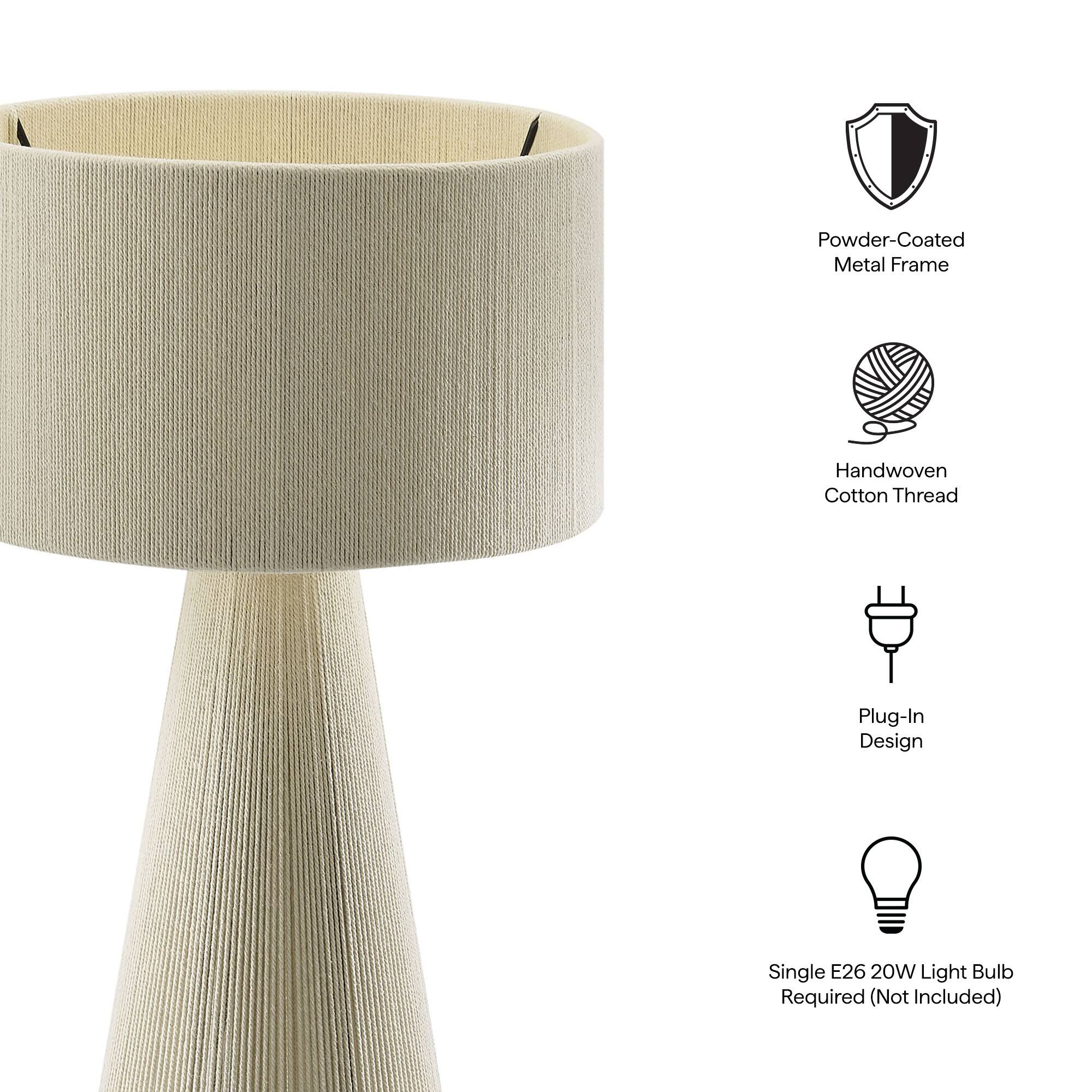 Powder-Coated Metal Frame  
Handwoven Cotton Thread  
Plug-In Design  
Single E26 20W Light Bulb Required (Not Included)