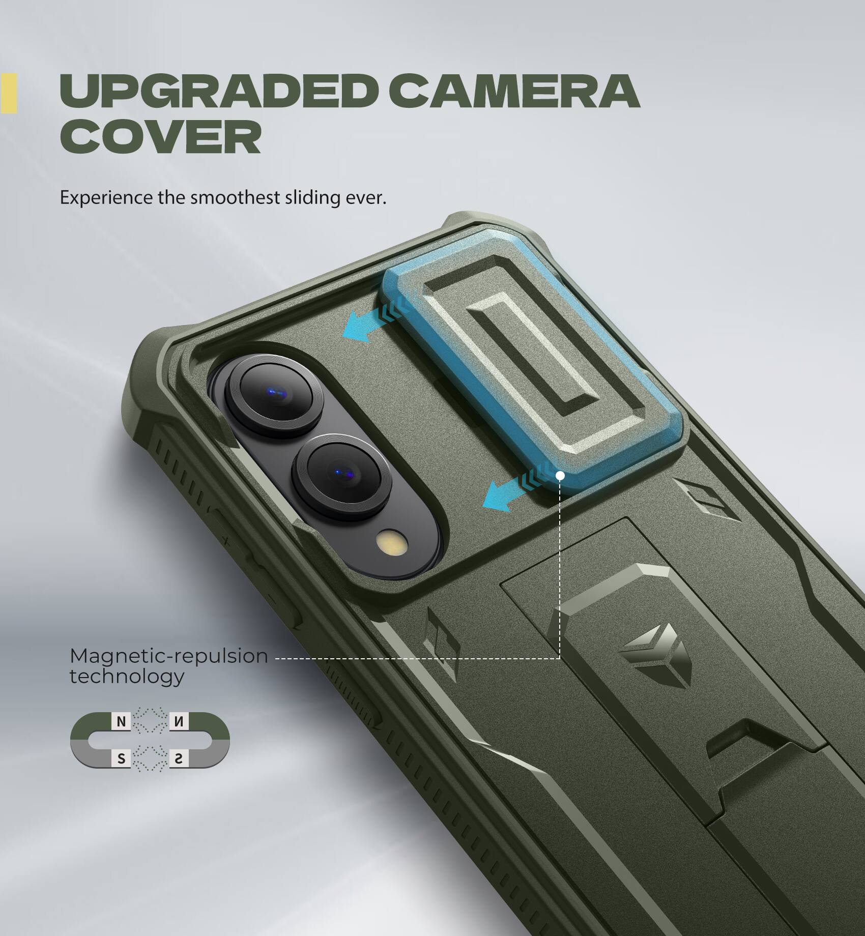 UPGRADED CAMERA COVER
Experience the smoothest sliding ever.
Magnetic-repulsion technology N S