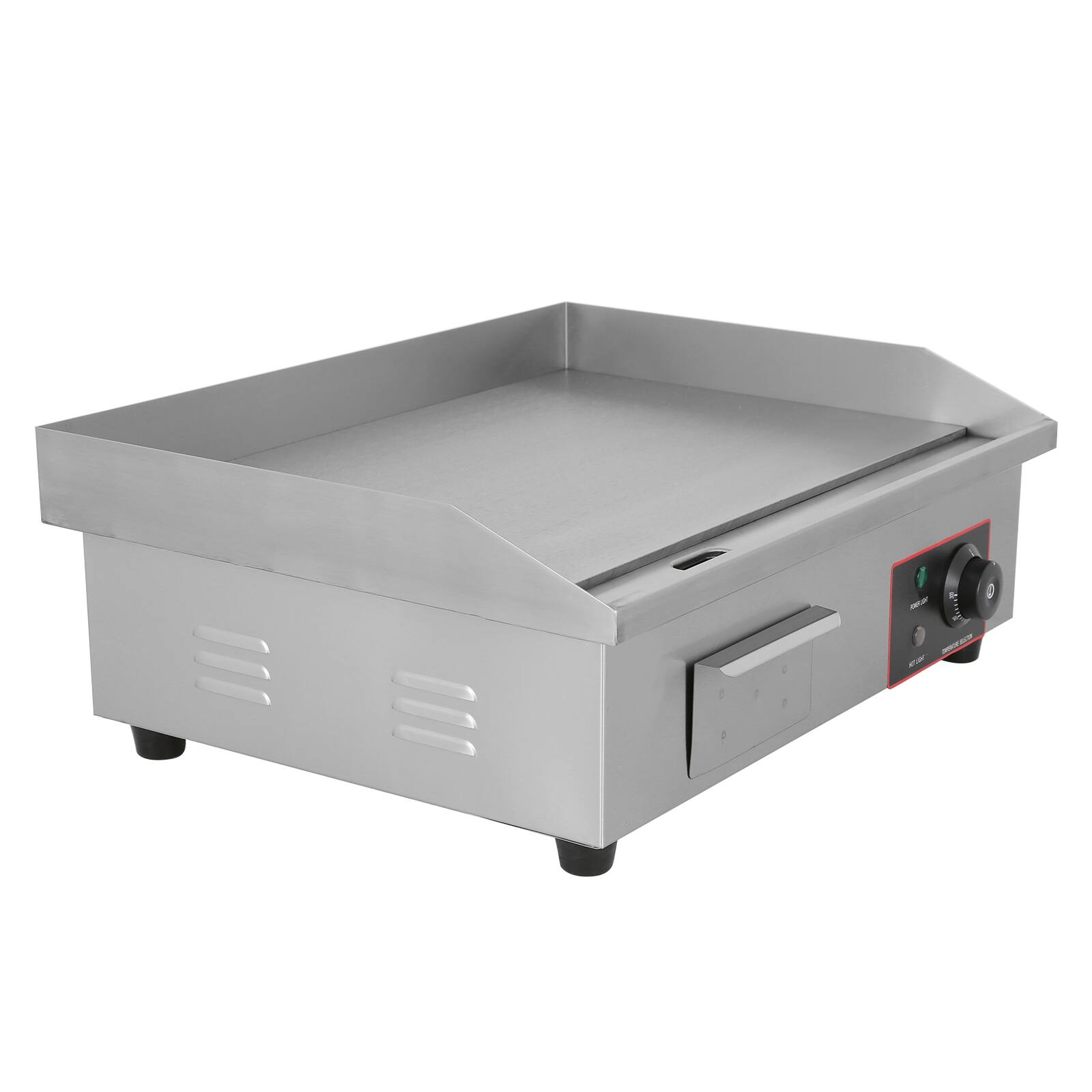 Left. Topteng - 22" Commercial Electric Griddle - 3000W, 8mm Cast Iron, Adjustable 50-300°C, 110V for Restaurant & Home Kitchen - Silver.