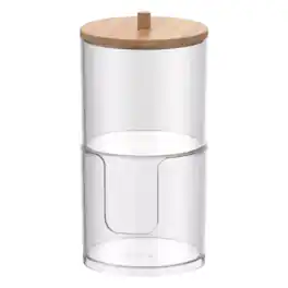 Elle - Acrylic Q tip Dispenser and Cotton Pad Holder with Bamboo Lid, 2 Tier Nonslip Round Bathroom Organizer Jar - Clear/Natural Bamboo
