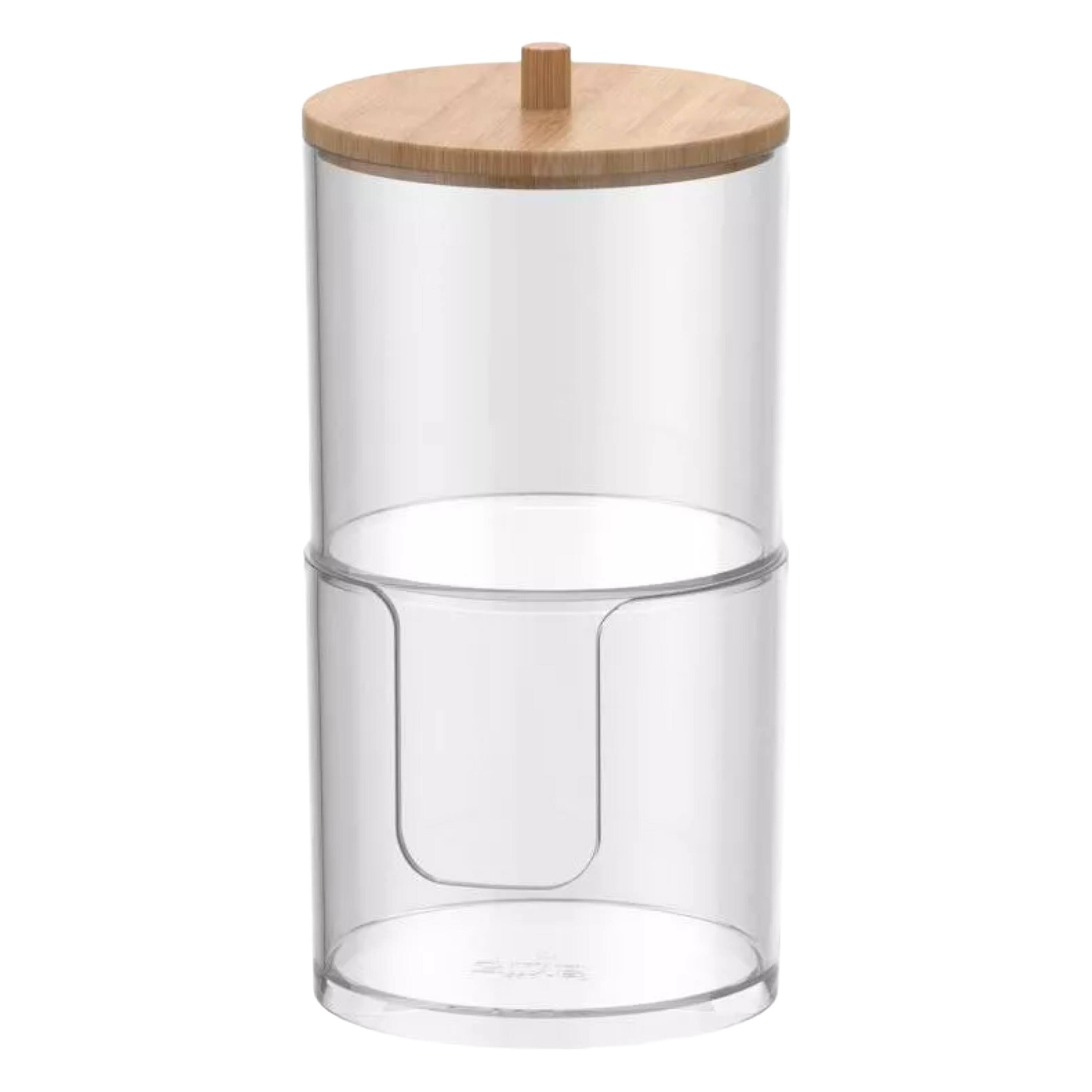 Front. Elle - Acrylic Q tip Dispenser and Cotton Pad Holder with Bamboo Lid, 2 Tier Nonslip Round Bathroom Organizer Jar - Clear/Natural Bamboo.