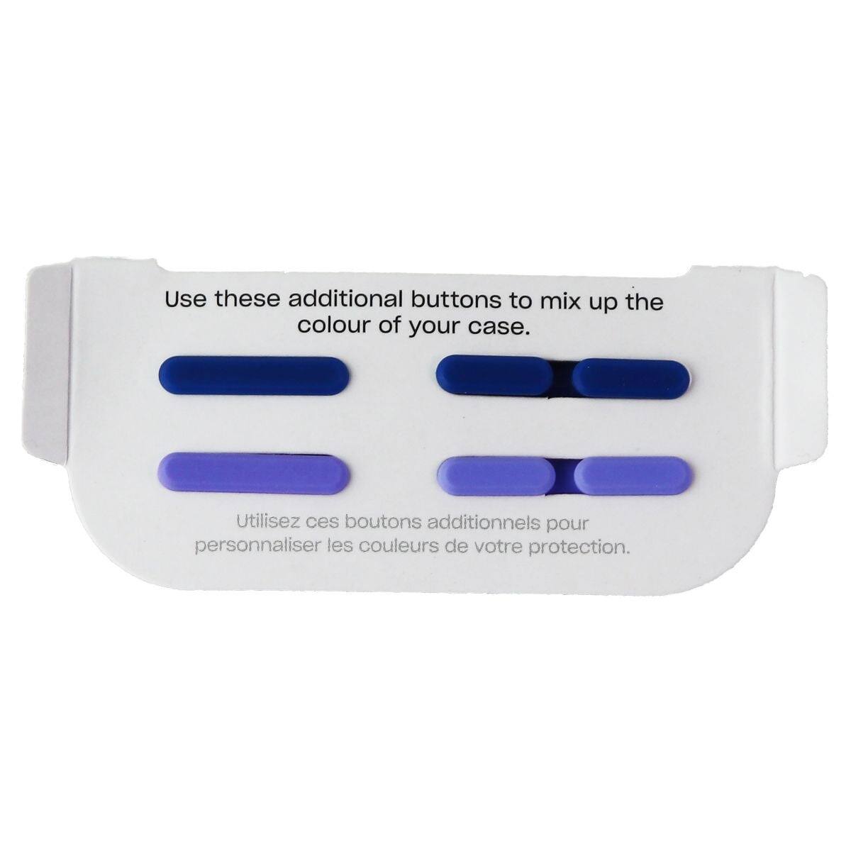 Use these additional buttons to mix up the colour of your case.  
Utilisez ces boutons additionnels pour personnaliser les couleurs de votre protection.