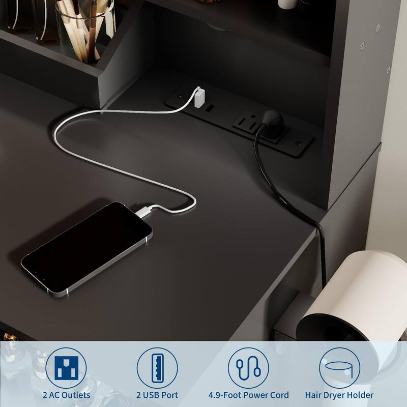 2 AC Outlets  
2 USB Port  
4.9-Foot Power Cord  
Hair Dryer Holder