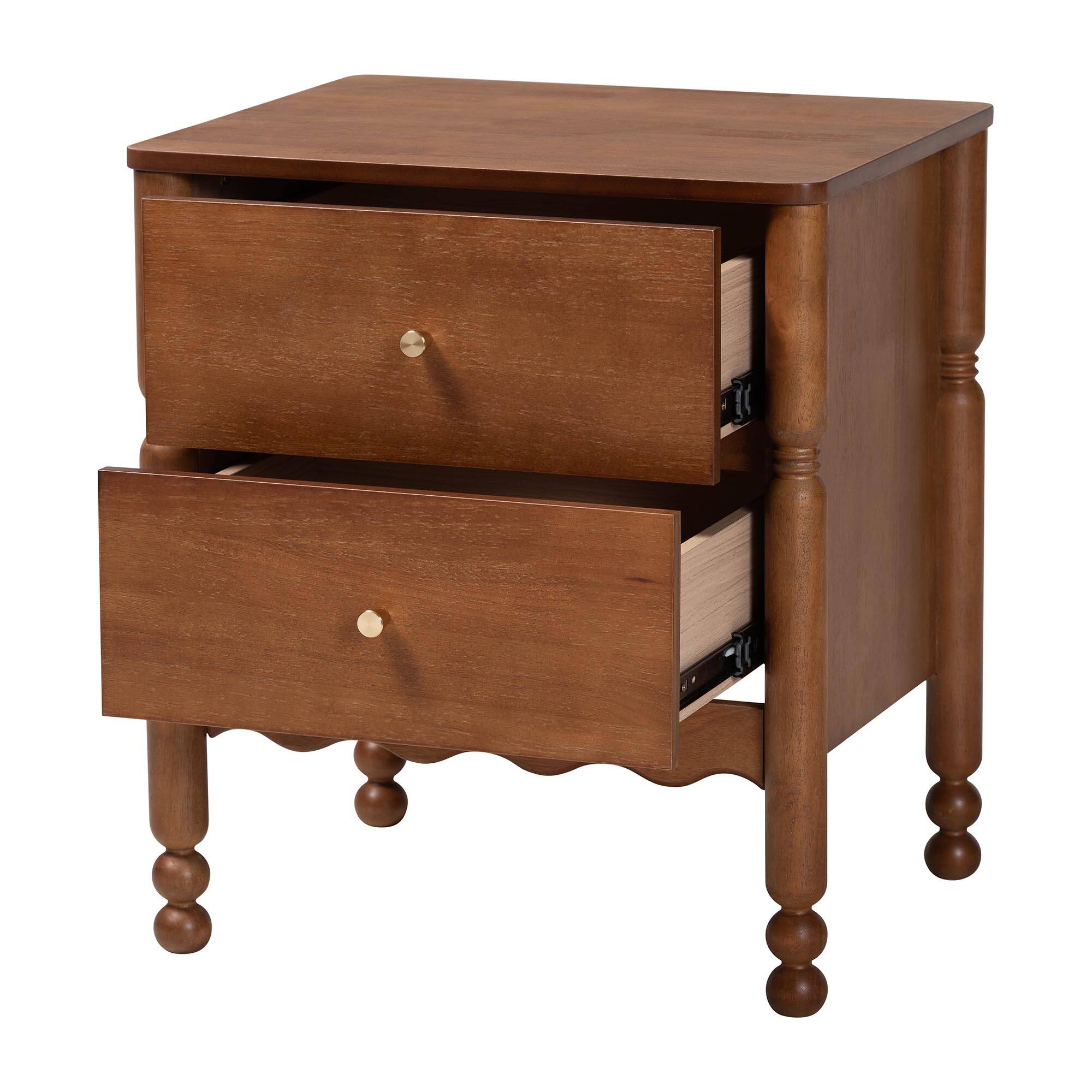 Angle. Baxton Studio - Hoffman Nightstand - 2-Drawer Bedside Table with Scalloped Apron and Turned Legs for Bedroom - Walnut Brown.