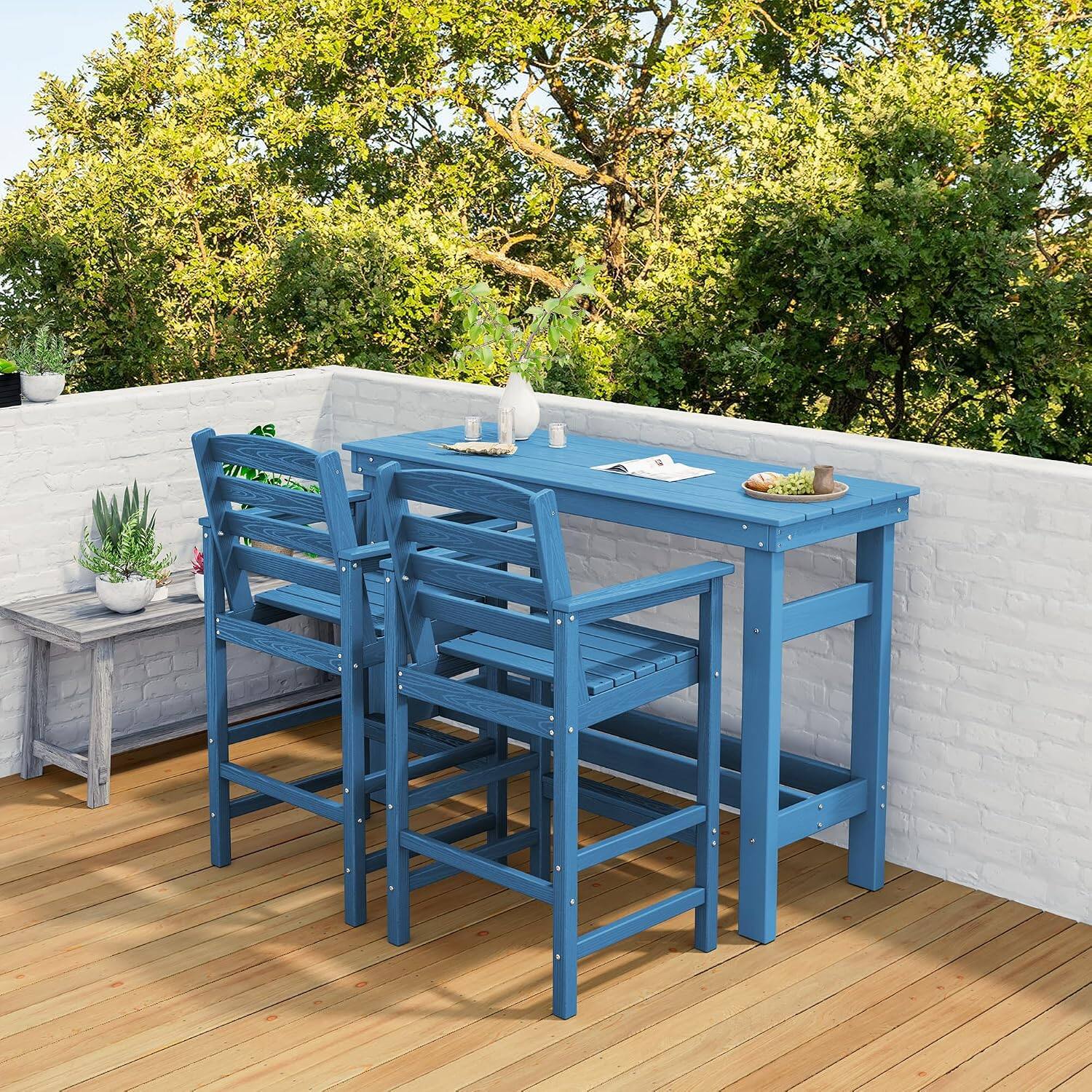 Alt View 1. SERWALL - SERWALL Outdoor Bar Set, 2 Adirondack Bar Chairs & Bar Height Table, All-Weather HDPE Patio Furniture, Blue - Blue.