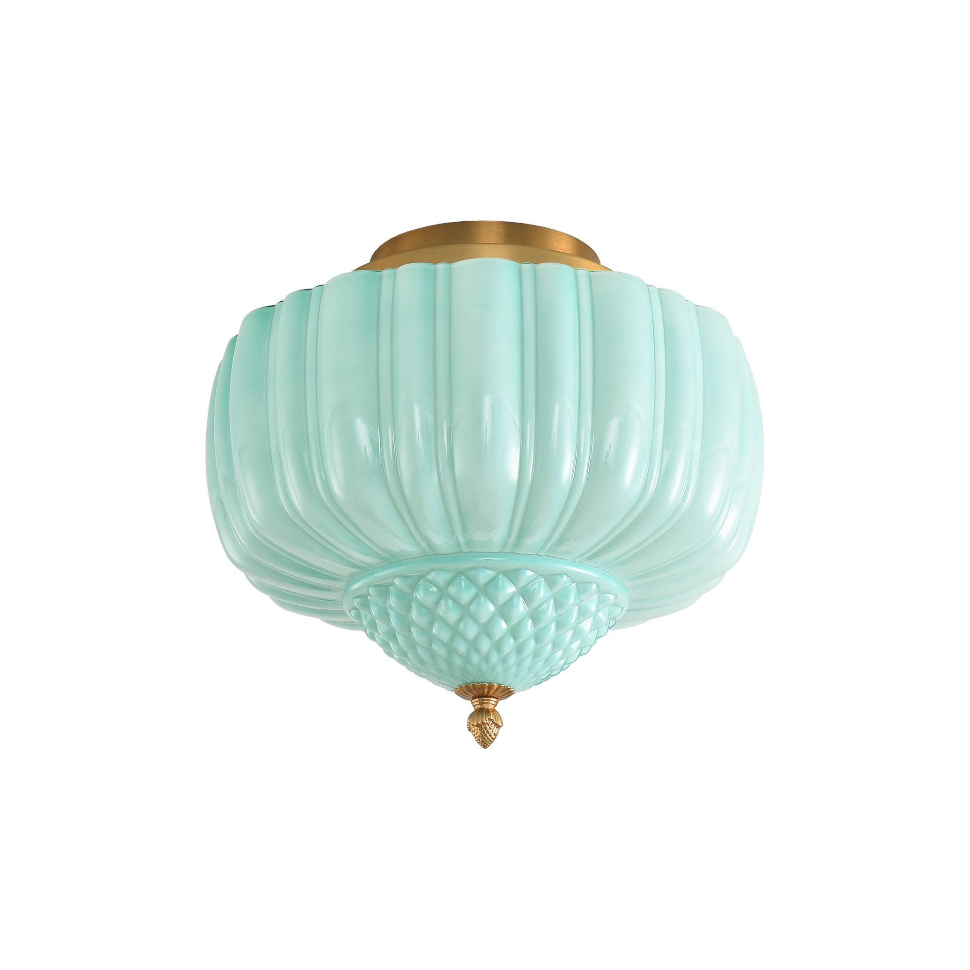Alt View 4. Parrot Uncle - 13-Inch Vintage Green Ribbed Opal Glass 3-Light Flush Mount Ceiling Light - Gold.