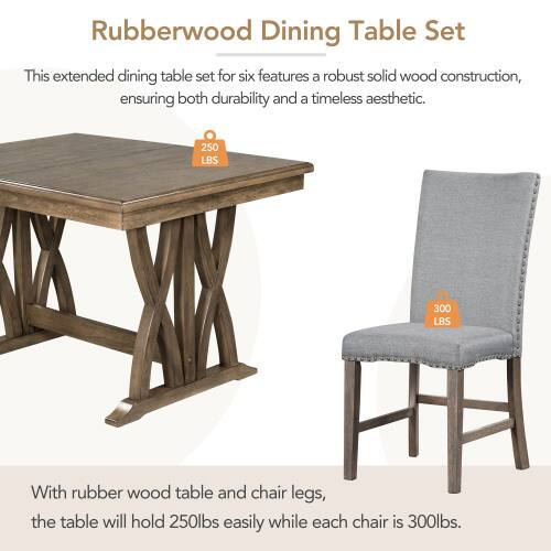 Rubberwood Dining Table Set

This extended dining table set for six features a robust solid wood construction, ensuring both durability and a timeless aesthetic.

With rubber wood table and chair legs, the table will hold 250lbs easily while each chair is 300lbs.