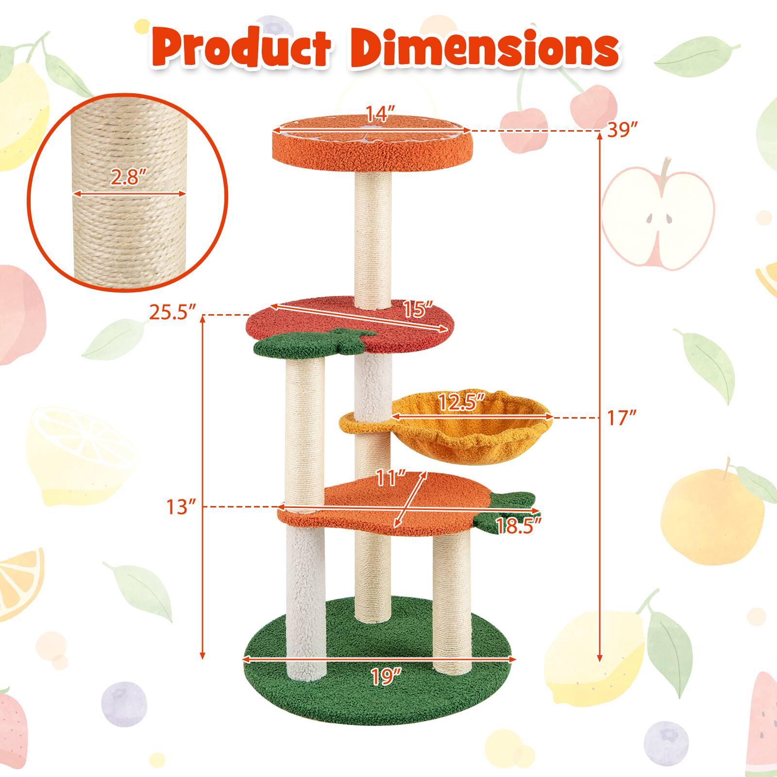Product Dimensions

- Height: 39"
- Diameter of top platform: 14"
- Diameter of second platform: 15"
- Diameter of third platform: 12.5"
- Diameter of bottom platform: 19"
- Height of bottom platform: 13"
- Height of second platform: 18.5"
- Height of third platform: 11"
- Height of top platform: 25.5"
- Diameter of post: 2.8"