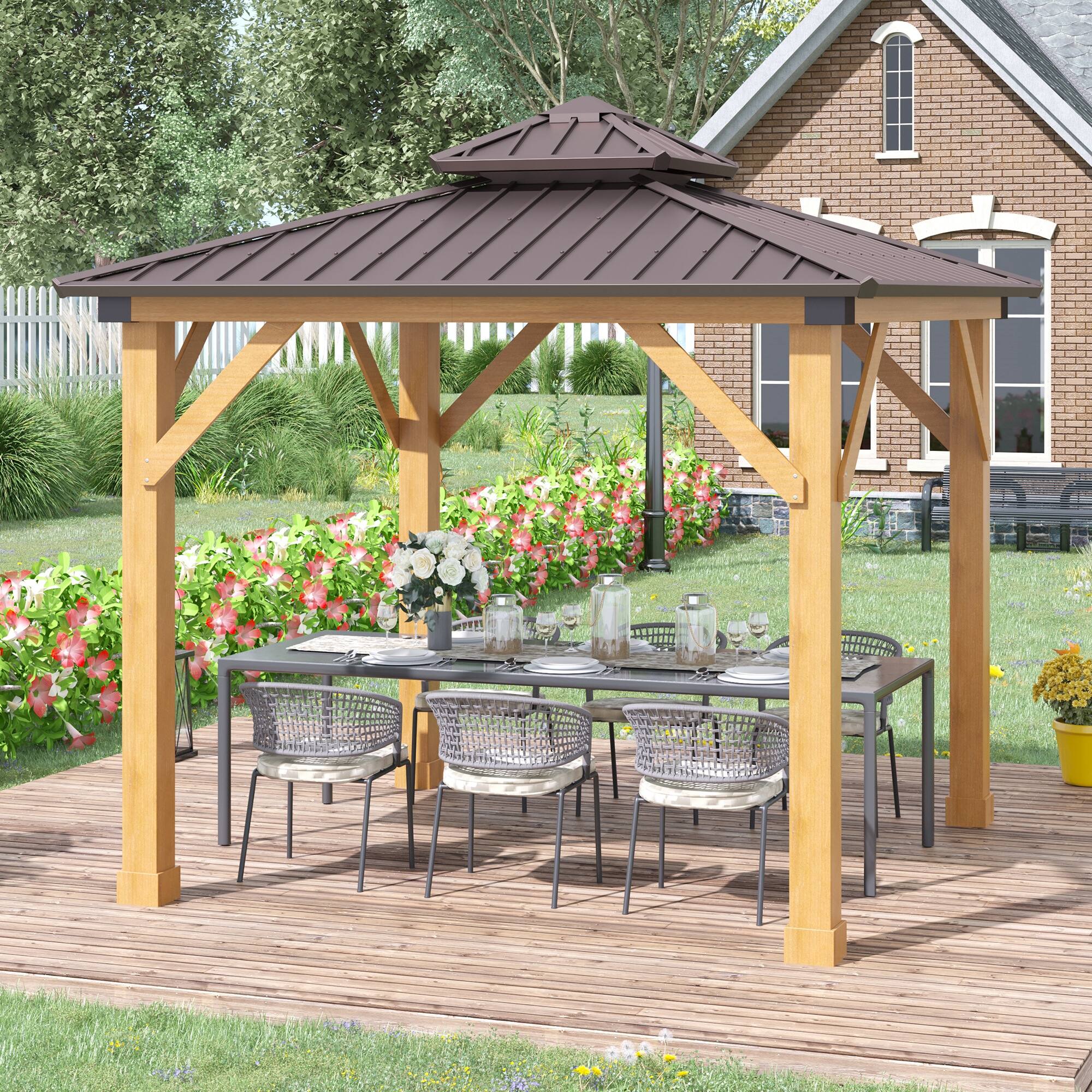 Alt View 1. Outsunny - Outsunny 10' x 10' Hardtop Gazebo with Galvanized Steel Double Roof, Wooden Frame, Permanent Pavilion - Brown.