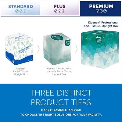 STANDARD  
Surpass* Facial Tissue, Upright Box  

PLUS  
Kleenex* Professional Naturals Facial Tissue, Upright Box  

PREMIUM  
Kleenex* Professional Facial Tissue, Upright Box  

THREE DISTINCT PRODUCT TIERS  
MAKE IT EASIER THAN EVER TO CHOOSE THE RIGHT SOLUTIONS FOR YOUR FACILITY.