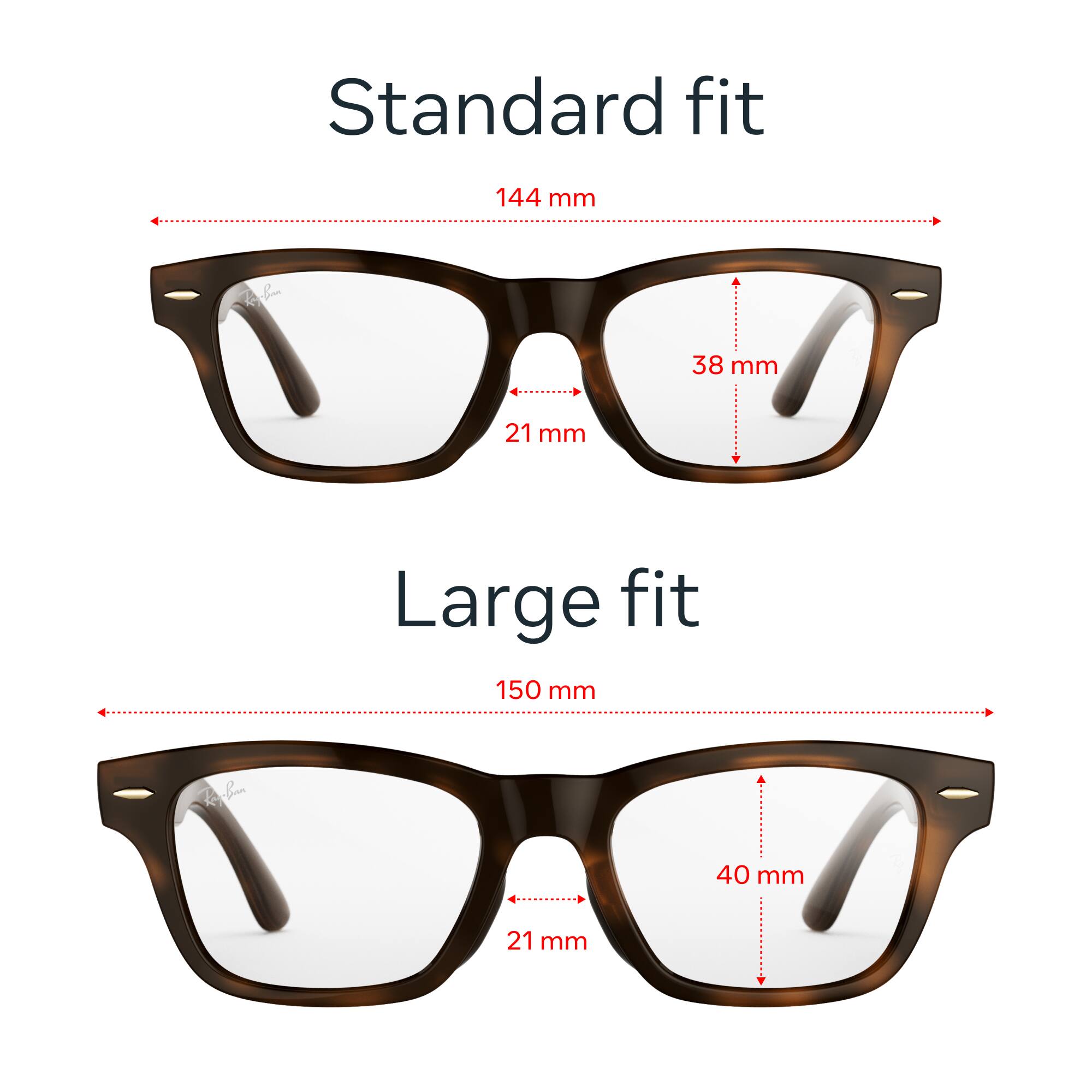 Standard fit  
144 mm  
38 mm  
21 mm  

Large fit  
150 mm  
40 mm  
21 mm