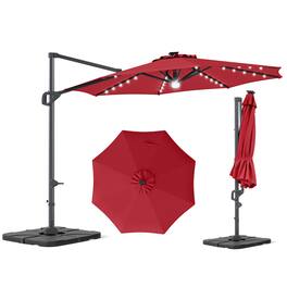 Costway - 10 FT Cantilever Patio Umbrella with 35 Solar LED Lights 220 LBS Base 360° Rotation - Wine + Black