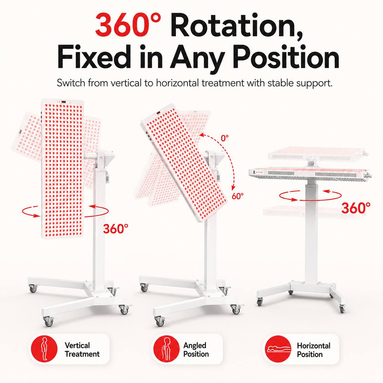 360° Rotation, Fixed in Any Position  
Switch from vertical to horizontal treatment with stable support.  

0°  
360°  
60°  
360°  

Vertical Treatment  
Angled Position  
Horizontal Position