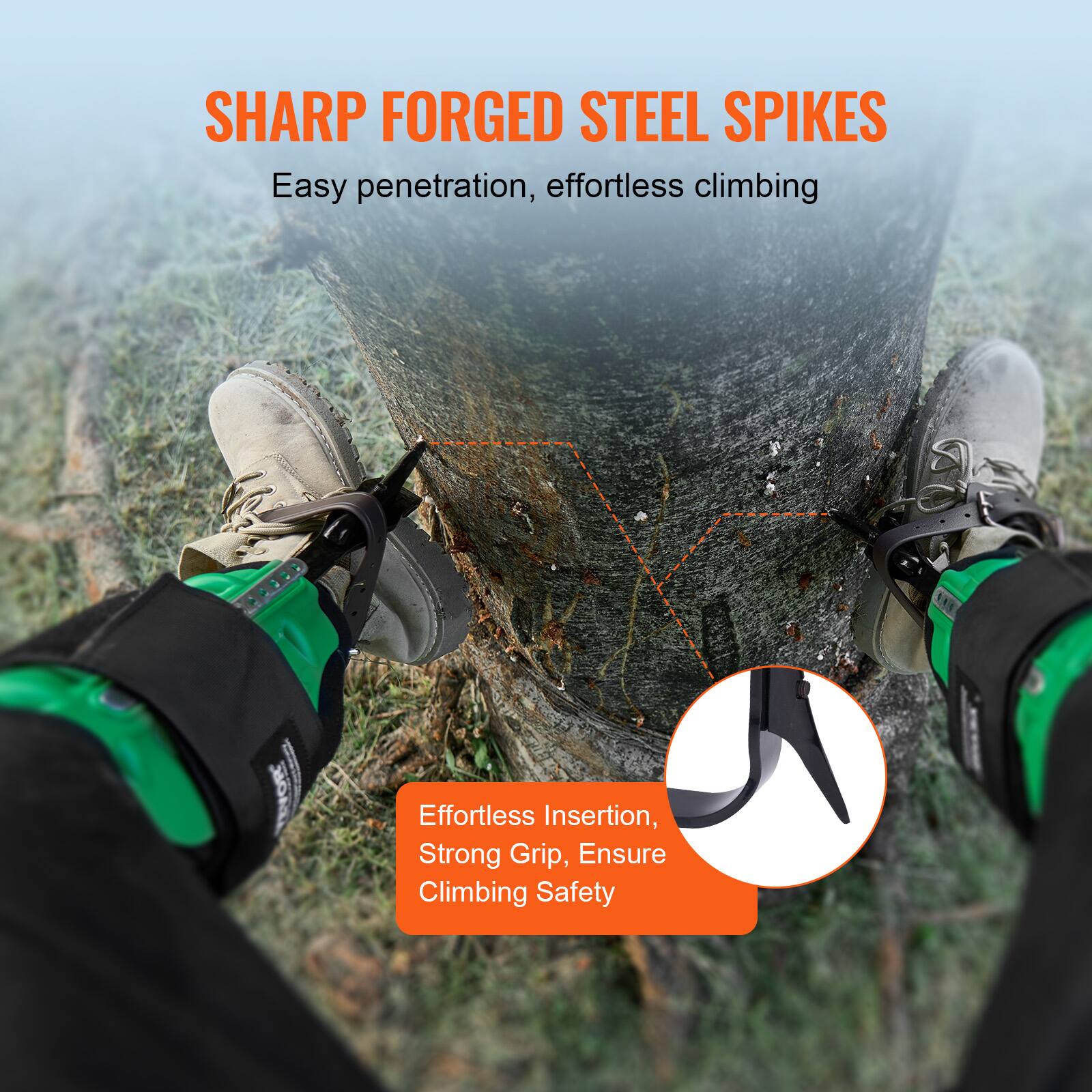 SHARP FORGED STEEL SPIKES  
Easy penetration, effortless climbing  

Effortless Insertion, Strong Grip, Ensure Climbing Safety