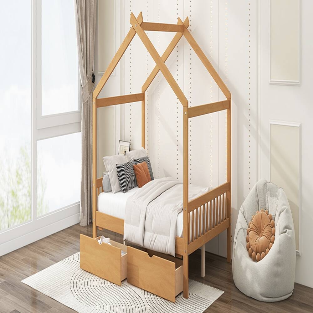 Alt View 1. Loheer - Loheer Full Size House Bed with Drawers, Natural Pine Wood Platform Frame - Natural.