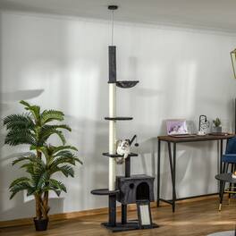 Siljoy - 106" Huge Dark Grey Cat Tree, Floor-to-Ceiling Activity Tower with Scratching Board, Hammock & Ceiling Tension Rod