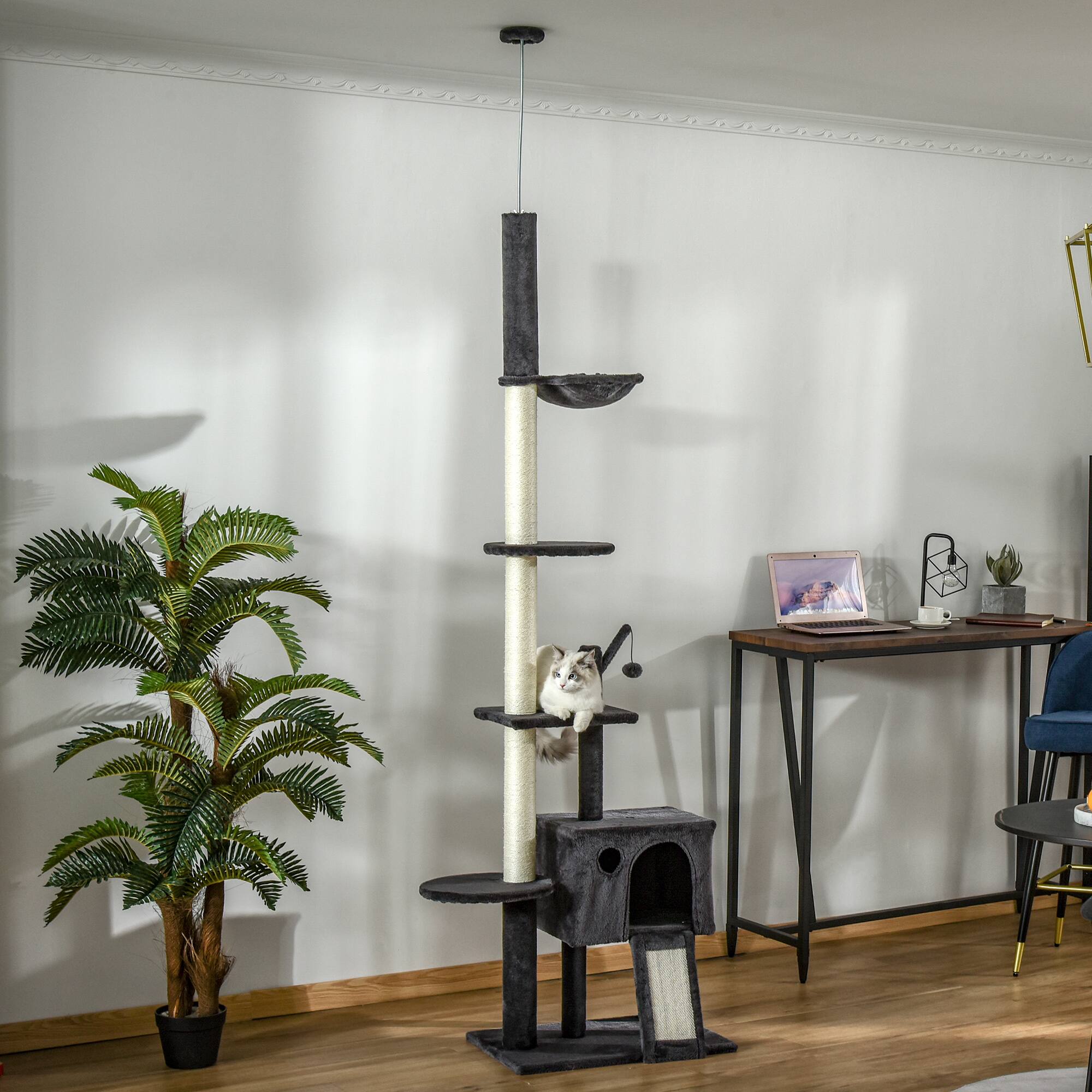 Angle. Pawhut - 106" Huge Floor-to-Ceiling Cat Tree, Climbing Tower, Kitty Activity Center with Scratching Post Board, Hammock - Dark Grey/Charcoal grey.