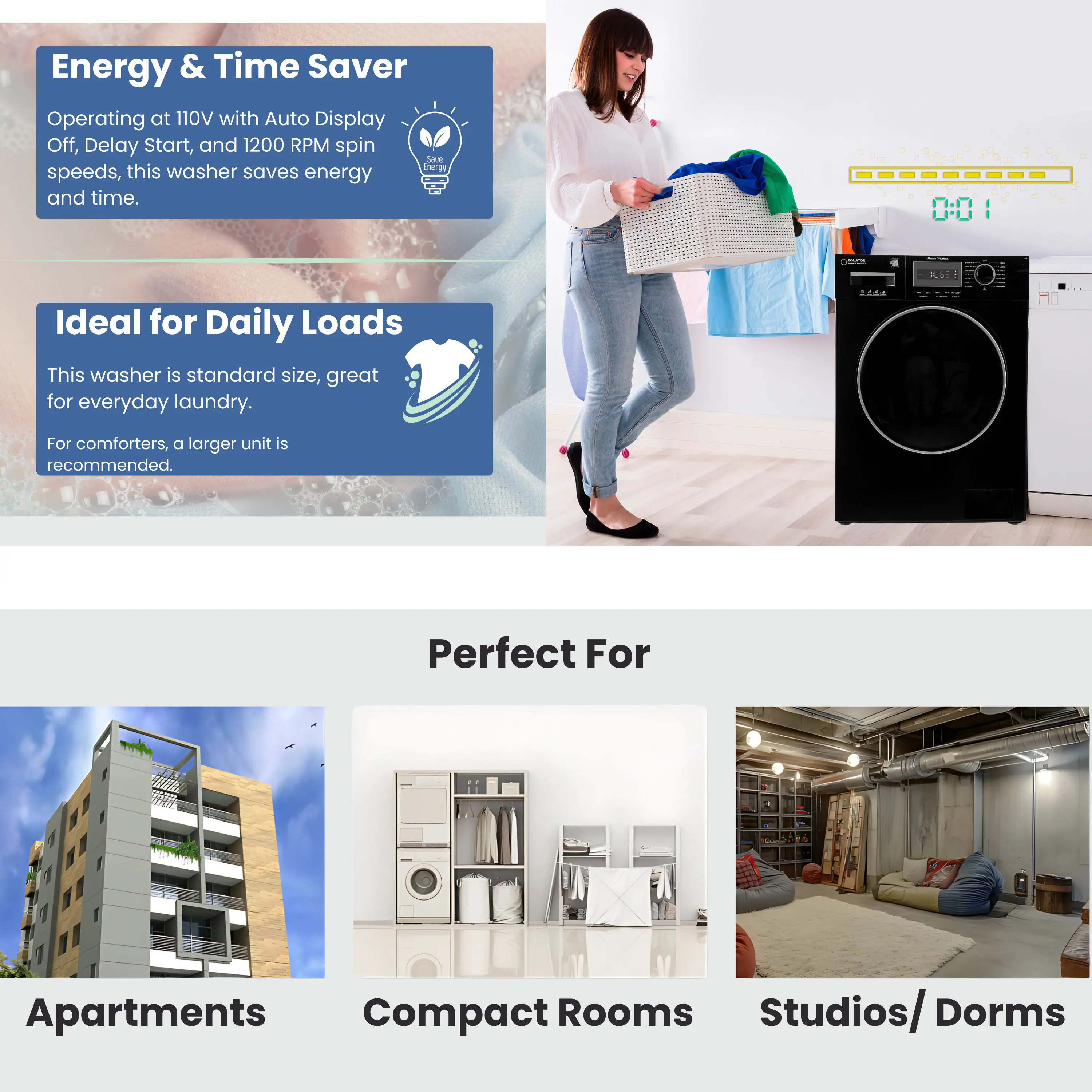 Energy & Time Saver  
Operating at 110V with Auto Display Off, Delay Start, and 1200 RPM spin speeds, this washer saves energy and time.

Ideal for Daily Loads  
This washer is standard size, great for everyday laundry. For comforters, a larger unit is recommended.

Perfect For  
Apartments  
Compact Rooms  
Studios/ Dorms