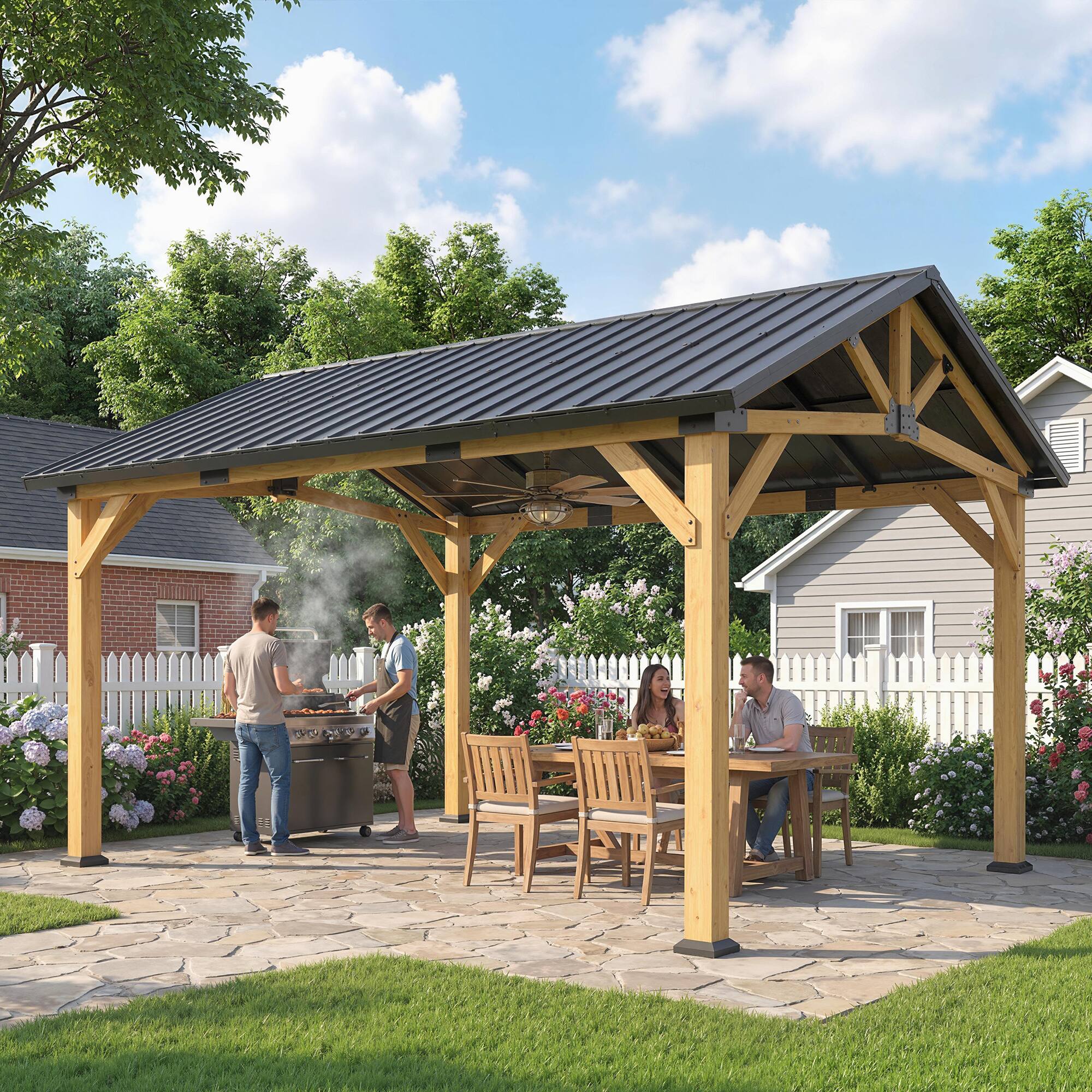 Alt View 8. Outsunny - x 11' Hardtop Gazebo Canopy with Galvanised Metal Roof, Fir Wood Frame and Central Hook for Patio - Black Gray and Natural.