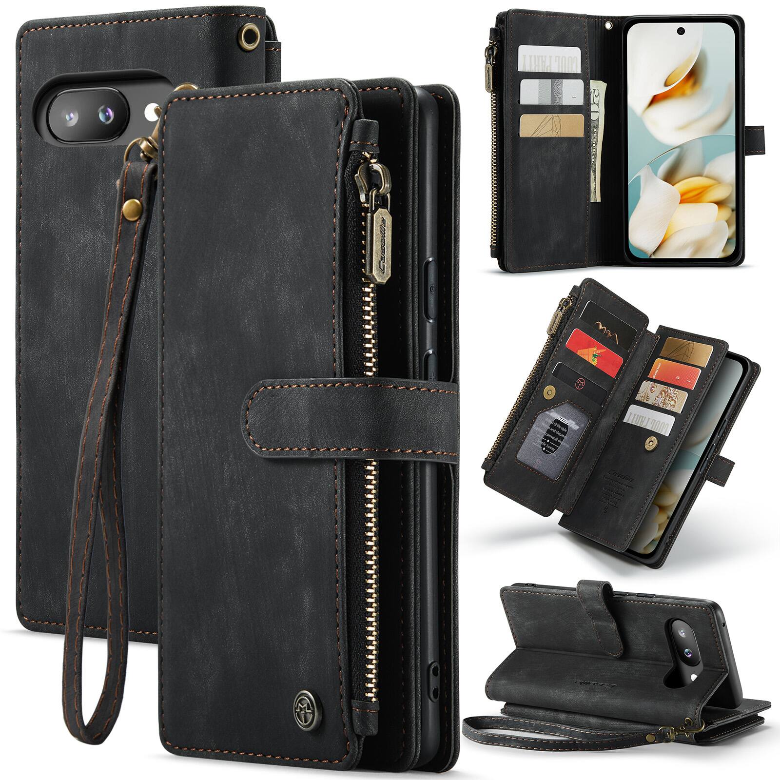 Dteck - Shockproof Wallet Phone Case for Google Pixel 10a with Wrist Strap, PU Leather TPU Zipper Pocket Kickstand Folio Cover - Black price history on PriceWatchPro