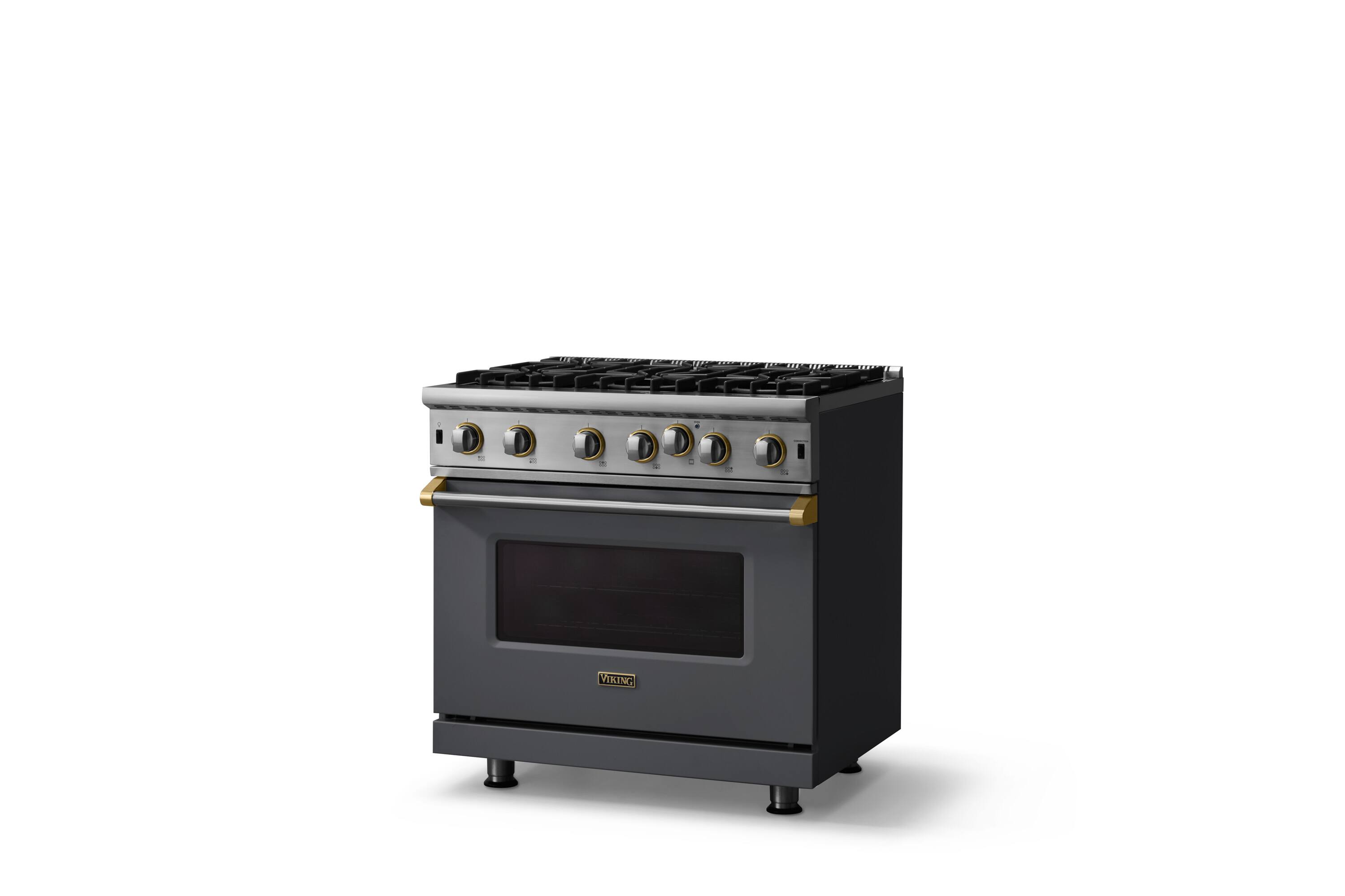 Angle. Viking - Professional 5 Series 5.1 Cu. Ft. Freestanding Open Burner Gas Convection Range - Cast Black w. Brushed Brass Trim - Cast Black.