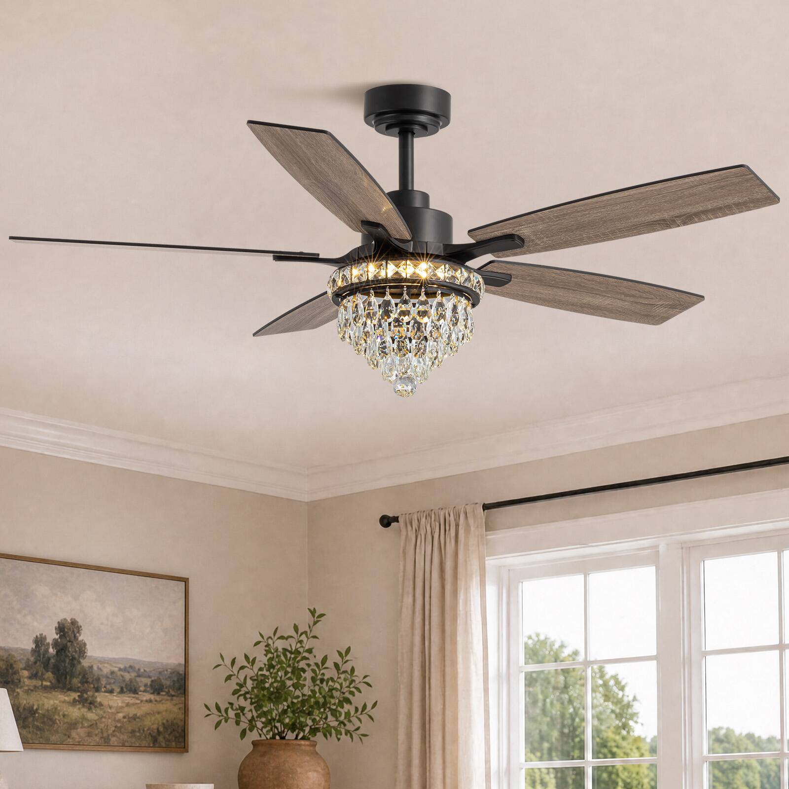 Angle. Siljoy - 52 Inch Farmhouse Crystal Cage Ceiling Fan Light with Black Adjustable Downrod Ideal for Living Room Dining Room Bedroom - Brown.