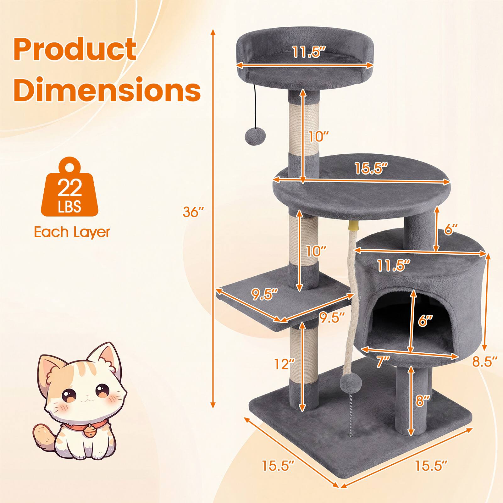 Product Dimensions: 11.5" x 10" x 22 LBS  
Each Layer: 36" x 10" x 15.5"  
11.5" x 6" x 9.5"  
9.5" x 12" x 7"  
8.5" x 8" x 15.5"  
15.5"