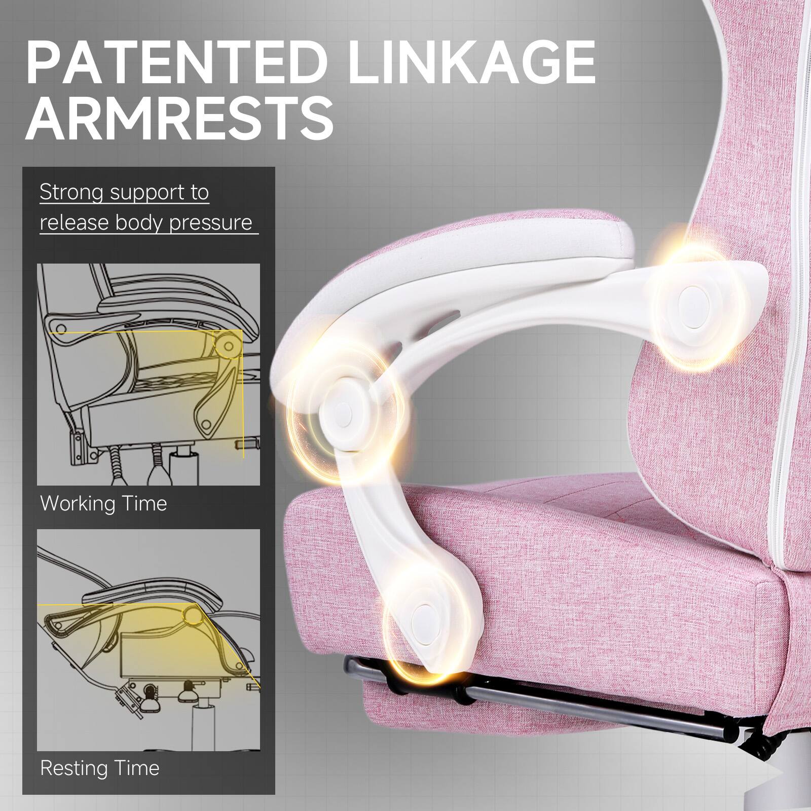PATENTED LINKAGE ARMRESTS

Strong support to release body pressure

Working Time

Resting Time