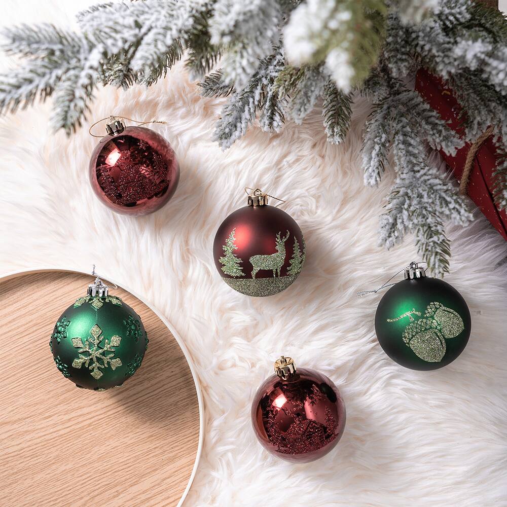 Back. OrnamentallyYou - Majestic Winterly Nature Glittered Ornament Bauble Set Red and Green Balls Bundle with Acorns Snow - Multi-colored.