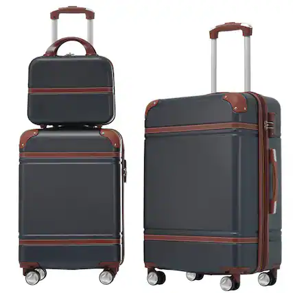 Front. HTUTWOO - Hardshell Luggage Sets 3 Pieces - 20"+24" Luggages and Cosmetic Case, Spinner Suitcase with TSA Lock, Lightweight - Black.