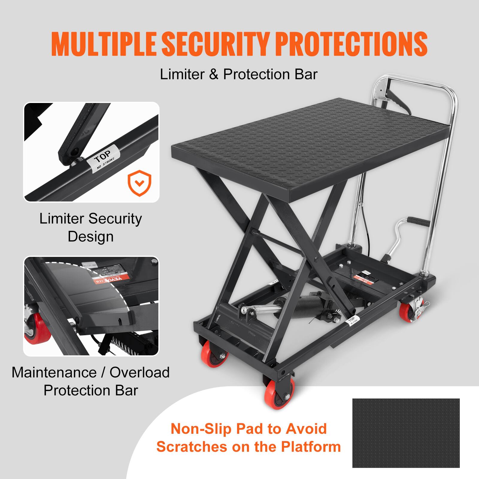 MULTIPLE SECURITY PROTECTIONS  
Limiter & Protection Bar  

TOP STROKE At?  

Limiter Security Design  

9:32 VEVOR  

TOP  

Maintenance / Overload Protection Bar  

Non-Slip Pad to Avoid Scratches on the Platform
