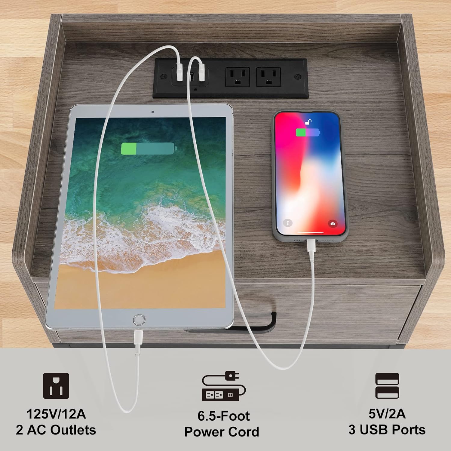 1 E0 125V/12A 2 AC Outlets 6.5-Foot Power Cord 5V/2A 3 USB Ports