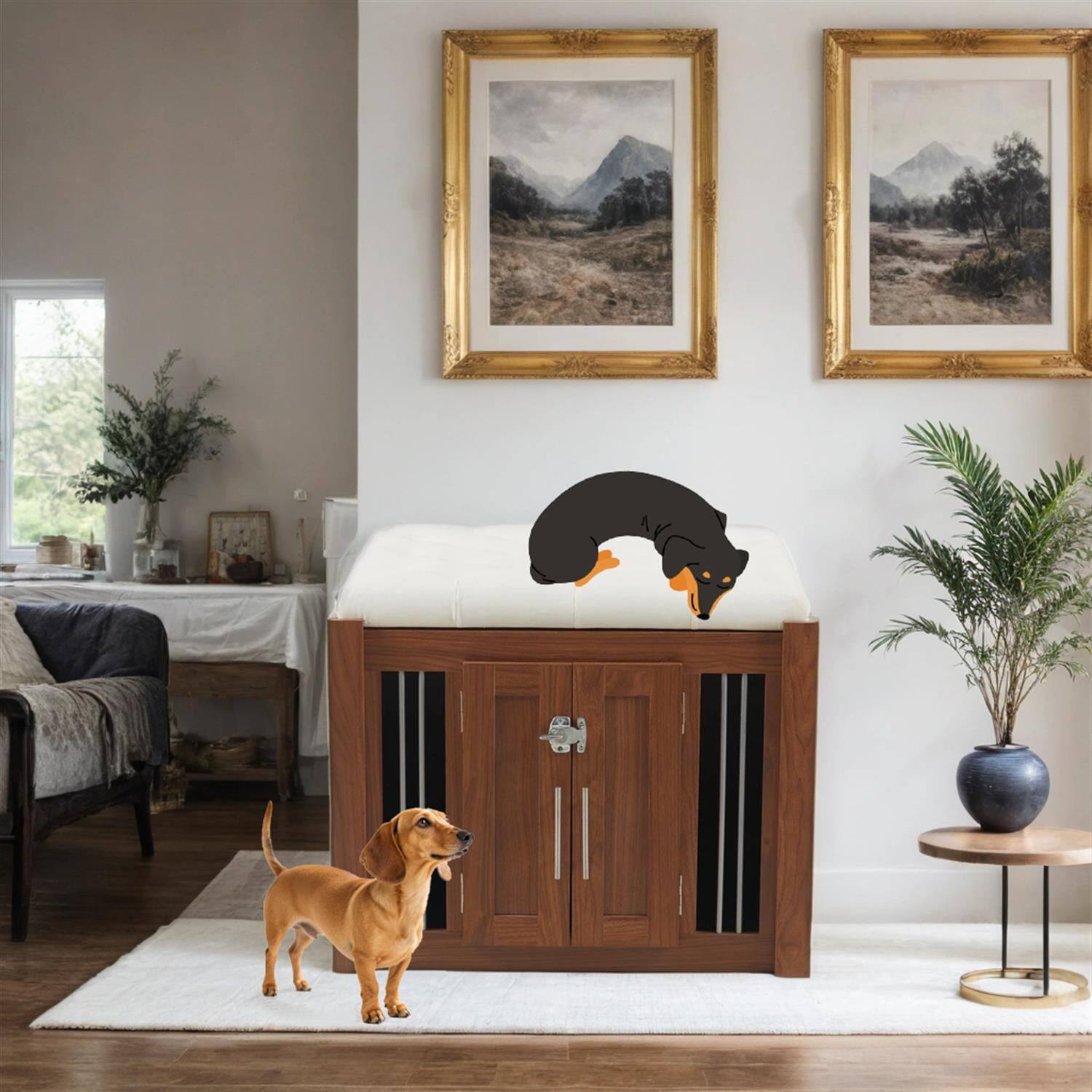 Angle. Pefilos - 30" Dog Crate Ottoman with Removable Cushion and Sliding Door, Wood Kennel for Bedrooms, Living Rooms.