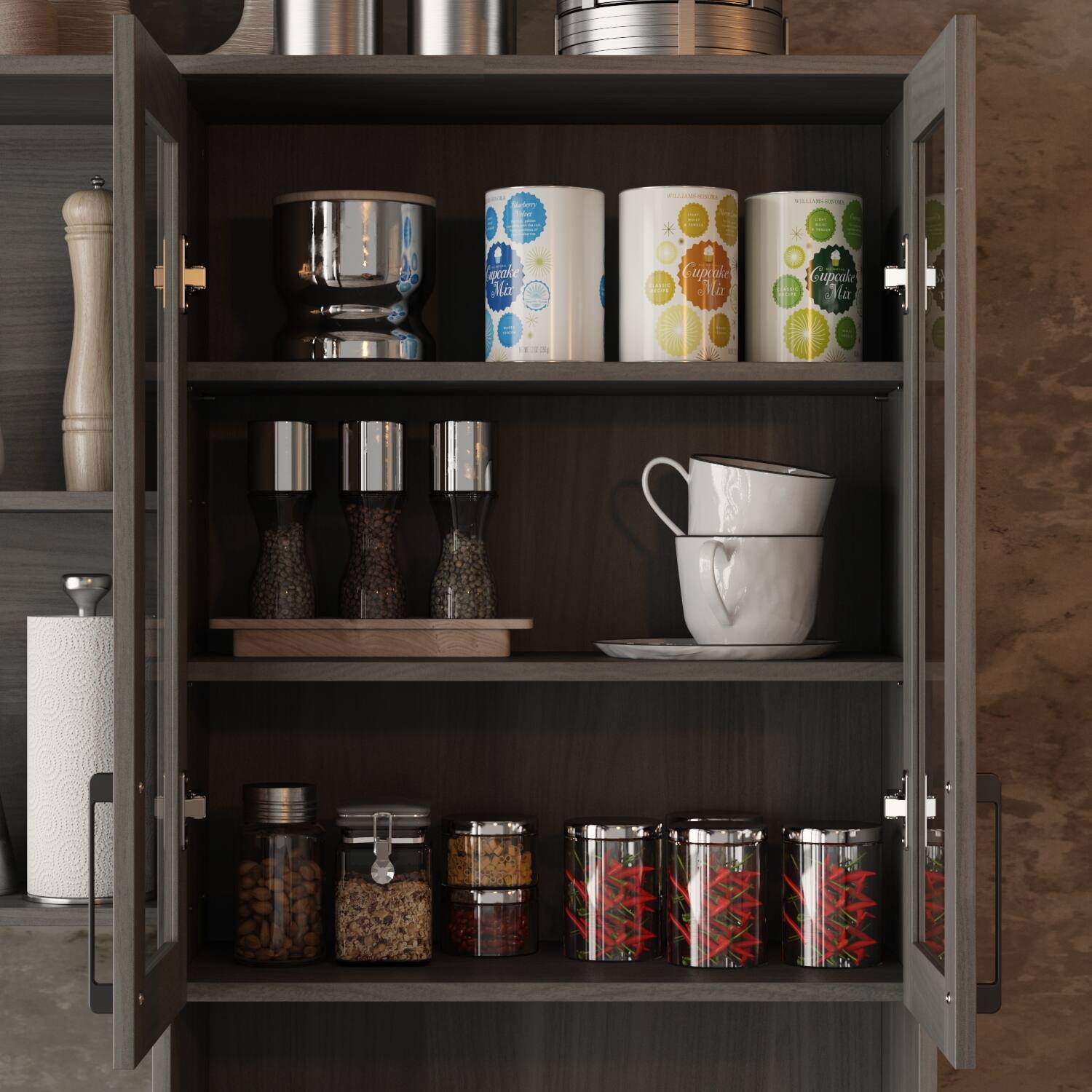 The image shows a wooden cabinet with various items stored on the shelves. There are several cups and mugs, including a coffee mug, placed on the shelves. Additionally, there are multiple jars containing spices and other ingredients, as well as a bowl. The cabinet is well-organized, with the items neatly arranged on the shelves.