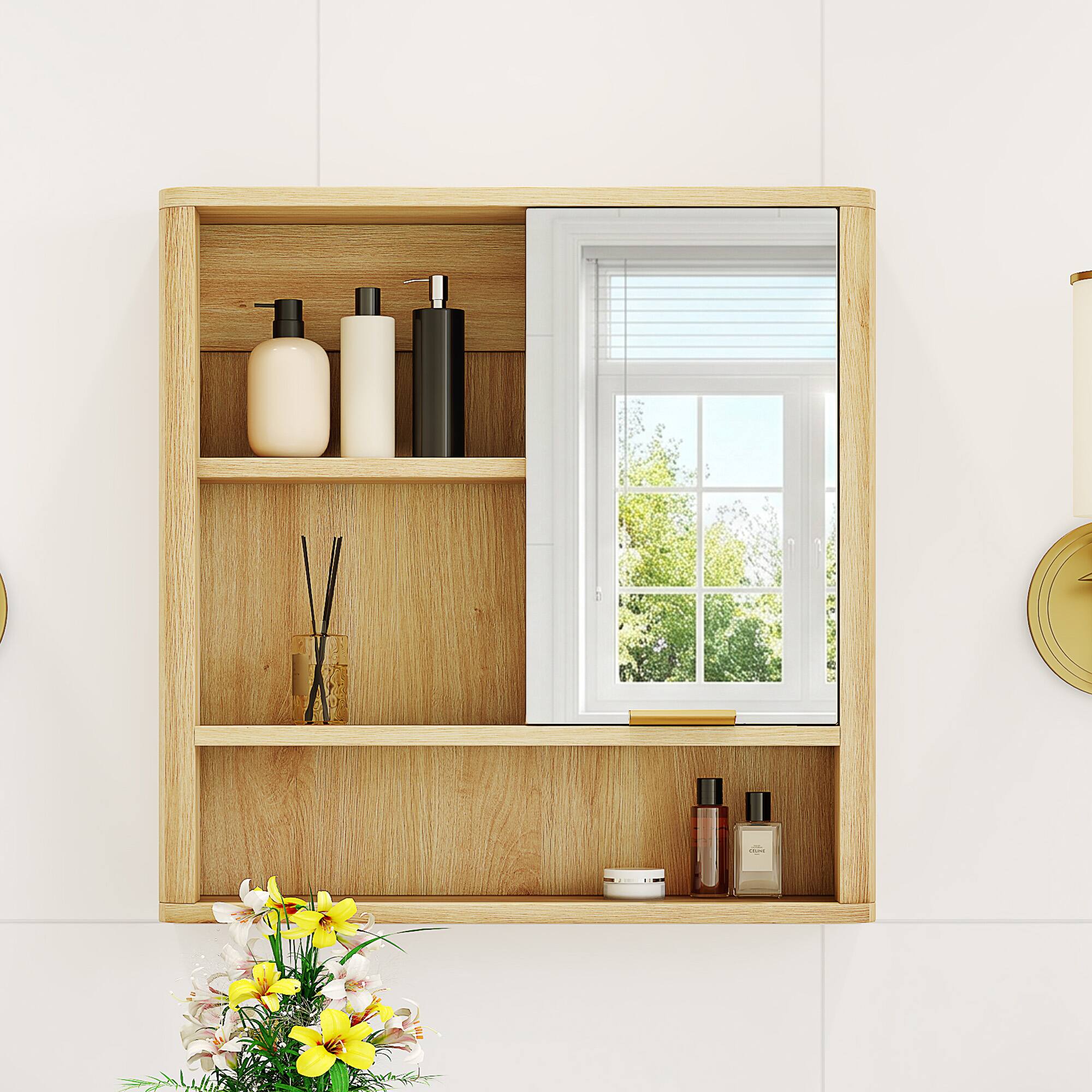 Angle. Loheer - Loheer- Wall Mounted Bathroom Mirror Cabinet with Open Shelves Natural Wood Finish 1.79ft x 0.42ft x 1.83ft - Wood.