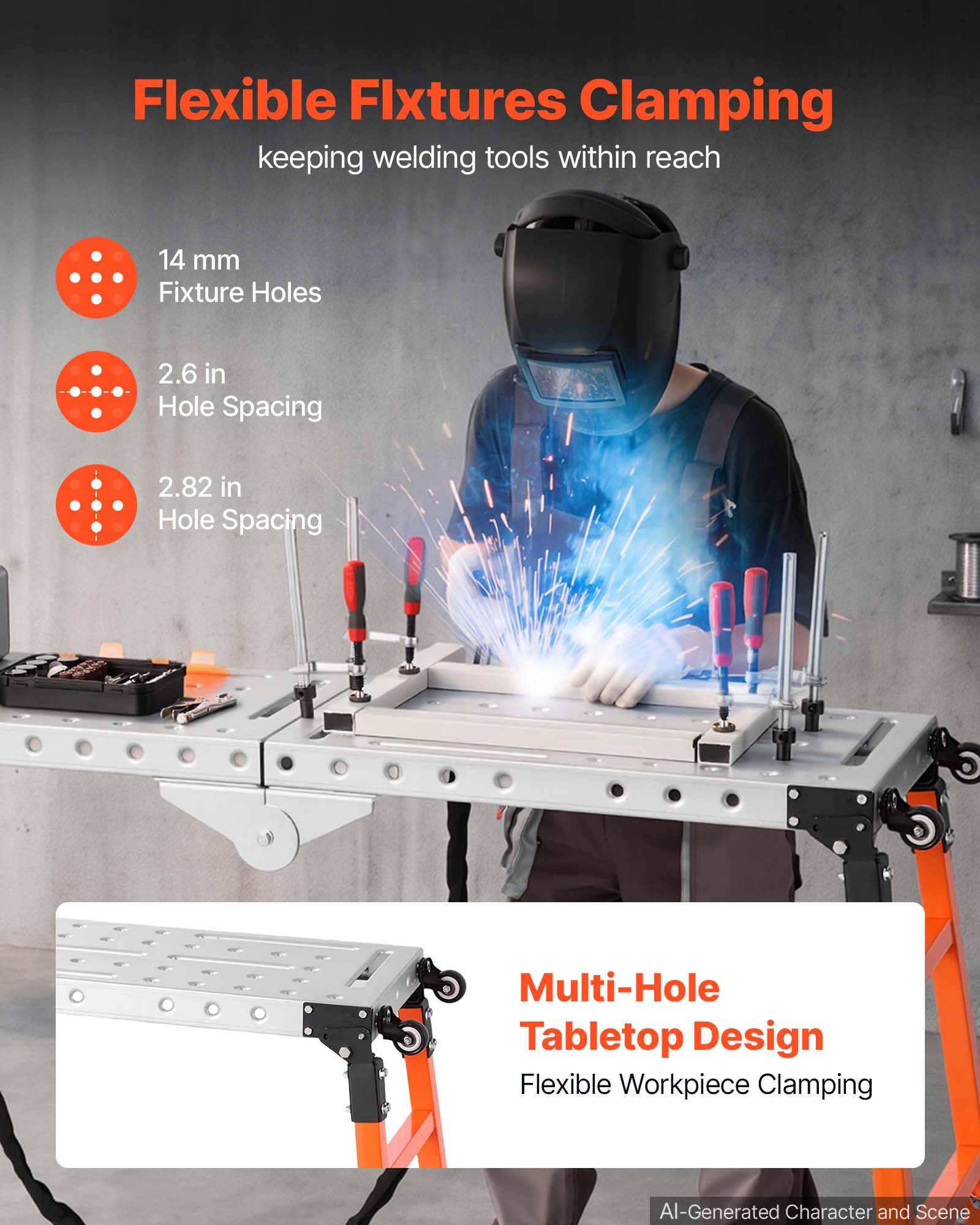 Flexible Fixtures Clamping  
keeping welding tools within reach

14 mm Fixture Holes  
2.6 in Hole Spacing  
2.82 in Hole Spacing

Multi-Hole Tabletop Design  
Flexible Workpiece Clamping

AI-Generated Character and Scene
