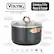 The image showcases a large black and copper pot with a stainless steel interior, which is a part of Viking's professional performance cookware for your home. The pot features a tempered glass lid, allowing you to view the progress of your meal, and a flared rim for easy and drip-free pouring. The pot also has an ergonomic handle for a secure and comfortable grip. Additionally, the pot is safe to use on all types of cooking surfaces, including induction, gas, electric, and halogen ovens. The pot is backed by a limited lifetime warranty against manufacturer's defects.