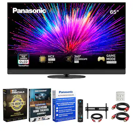 Panasonic
65"
PRIMARY RGB TANDEM OLED
HCX PRO AI MKII
360 SOUNDSCAPE PRO
GAME MODE EXTREME
ThermalFlow
DECO ESSENTIALS CPS PREMIUM 26 MONTH CPS PROTECTIONS PREMIUM PLAN PROTECTION
DECOGEAR
Panasonic ETIORED
DEALER AUTHORIZED
1 YEAR LIMITED WARRANTY
WHY PURCHASE FROM AN AUTHORIZED DEALER?
BEGINNER'S GUIDE
TELEVISION HOME THEATER ESSENTIALS
Ensure the product is genuine
Access to specialized services
Authorized support services
Repair facilities when NOT honored by an unauthorized seller
Product warranties are not honored