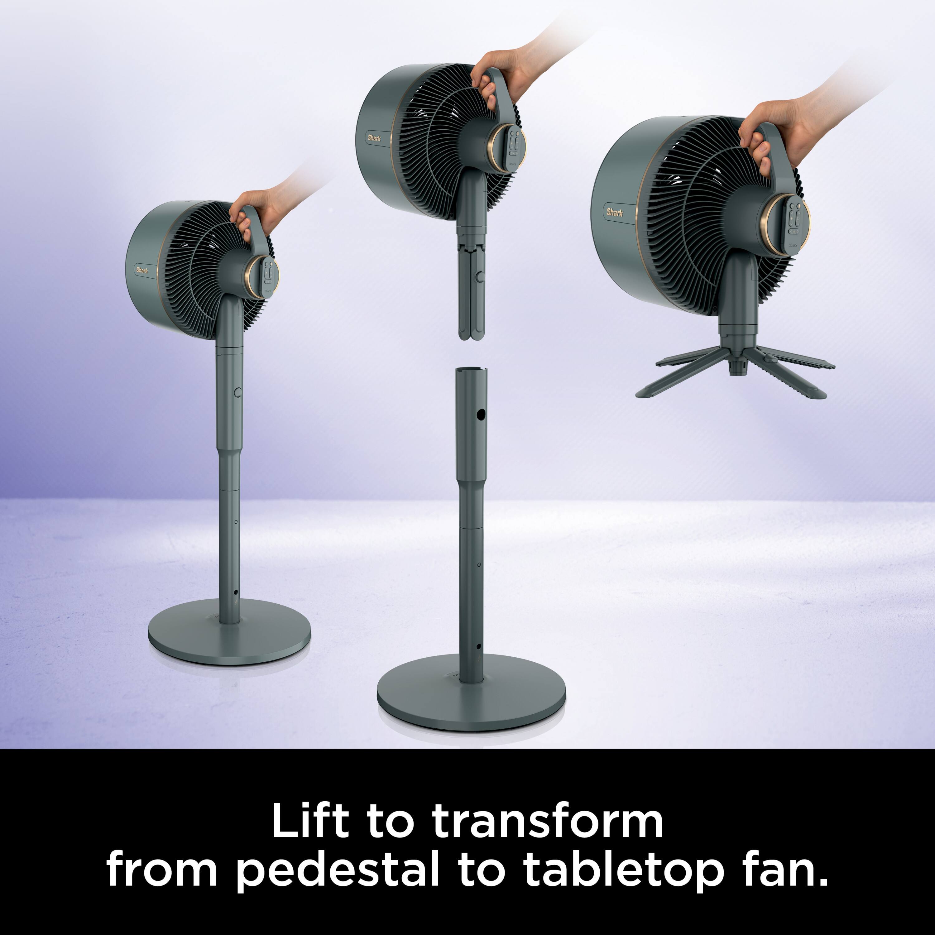 Lift to transform from pedestal to tabletop fan.