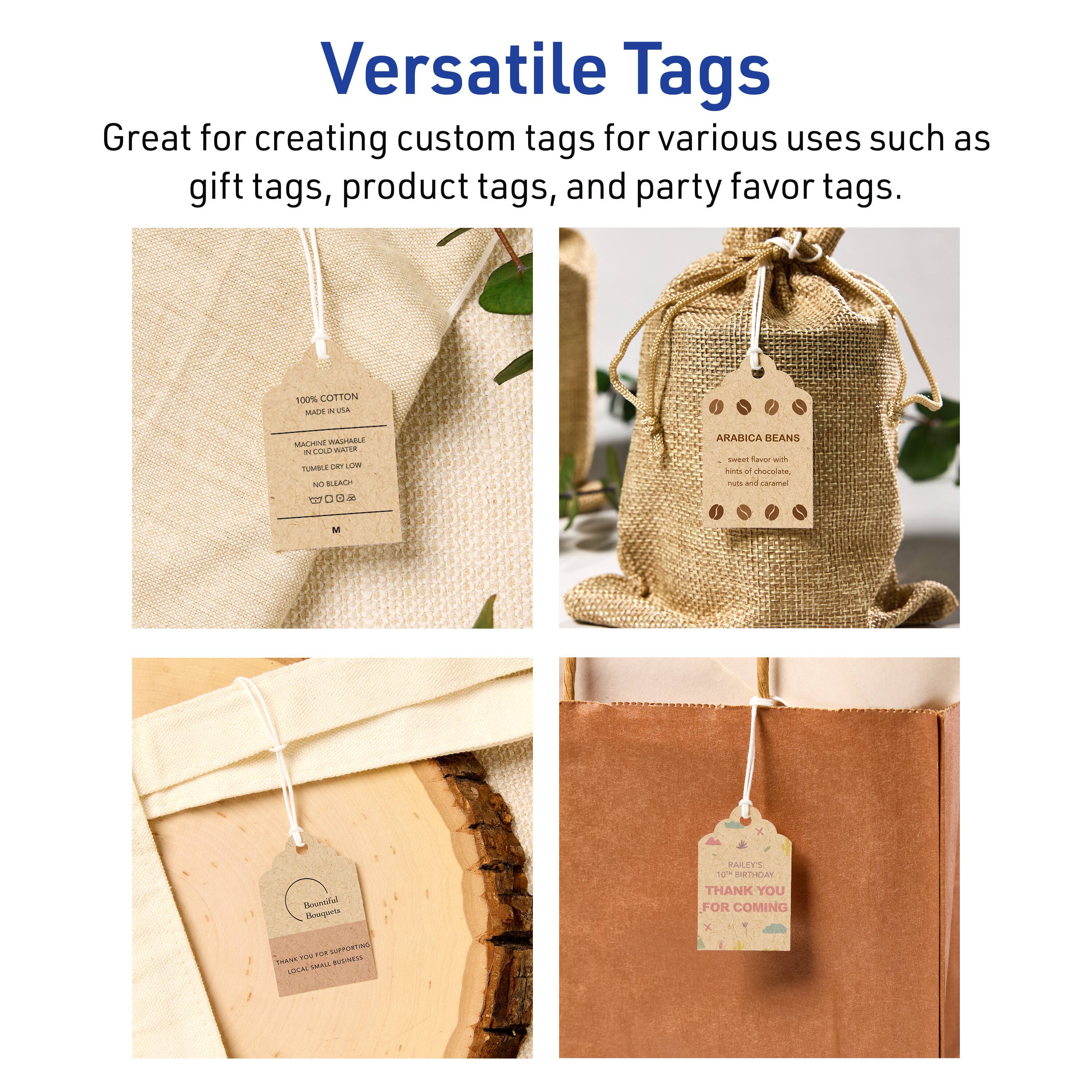 Versatile Tags  
Great for creating custom tags for various uses such as gift tags, product tags, and party favor tags.  

100% COTTON  
MADE IN USA  
MACHINE WASHABLE  
IN COLD WATER  
TUMBLE DRY LOW  
NO BLEACH  
272 0 0 0.26  
M  

ARABICA BEANS  
sweet flavor with  
hints of chocolate,  
nuts and caramel  

THANK YOU FOR COMING  
- SPTUTN THANE -- BUSINESS LINE  

PALEY'S  
10TH BIRTHDAY  
THANK YOU  
FOR COMING