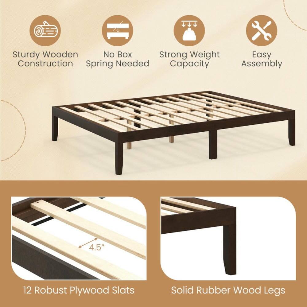Sturdy Wooden Construction  
No Box Spring Needed  
Strong Weight Capacity  
Easy Assembly  

4.5"  
12 Robust Plywood Slats  
Solid Rubber Wood Legs
