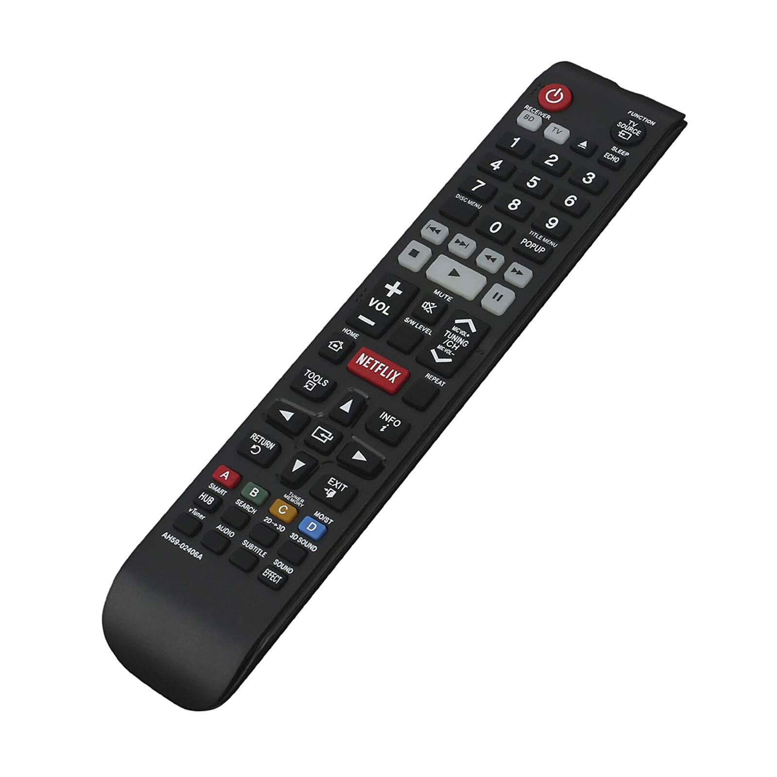 RETURN RECENER FUNCTION TV SOURCE 1 A ECNO BLEVP 4 2 7 5 3 DSC MENU 8 6 (4 O 9 WhE POPUP WENU 4 44 MUTE " VOL 4 NOME SWLEVEL KI ICH TUNING E- 5 TOOLS NETFLIX REPEAT INFO i A SMART + EXIT HUB SEARCH J FTuner MOIST AUDIO 20-20 AMSO JO-SOUND 02408A SUBTITLE SOUND EFFECT