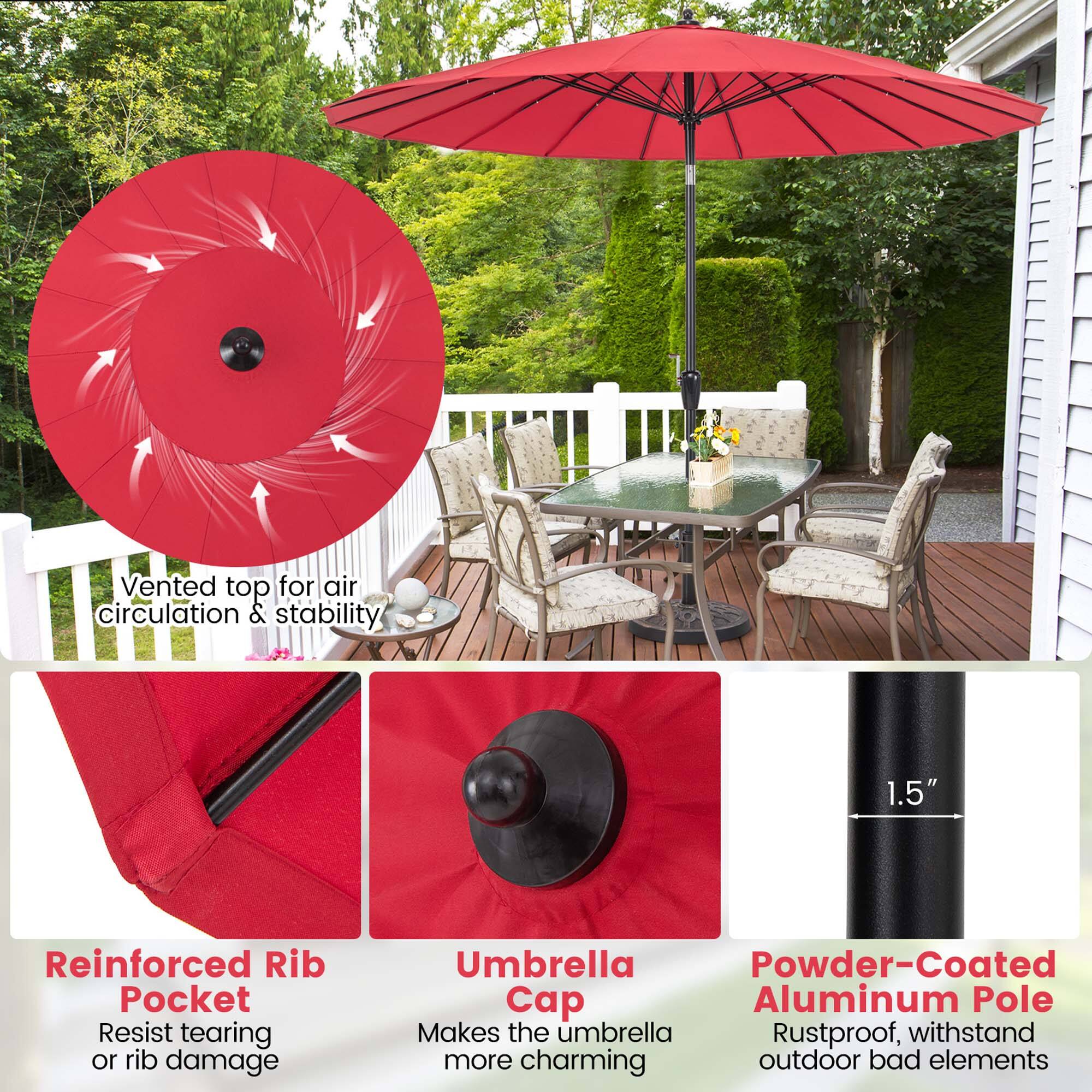 The image features a red umbrella with a vented top for air circulation and stability. The umbrella has a reinforced rib pocket to resist tearing or rib damage. It is also powder-coated, which makes it rustproof and able to withstand more charming outdoor bad elements. The umbrella is attached to a pole, which is also made of aluminum, ensuring durability and resistance to rust.